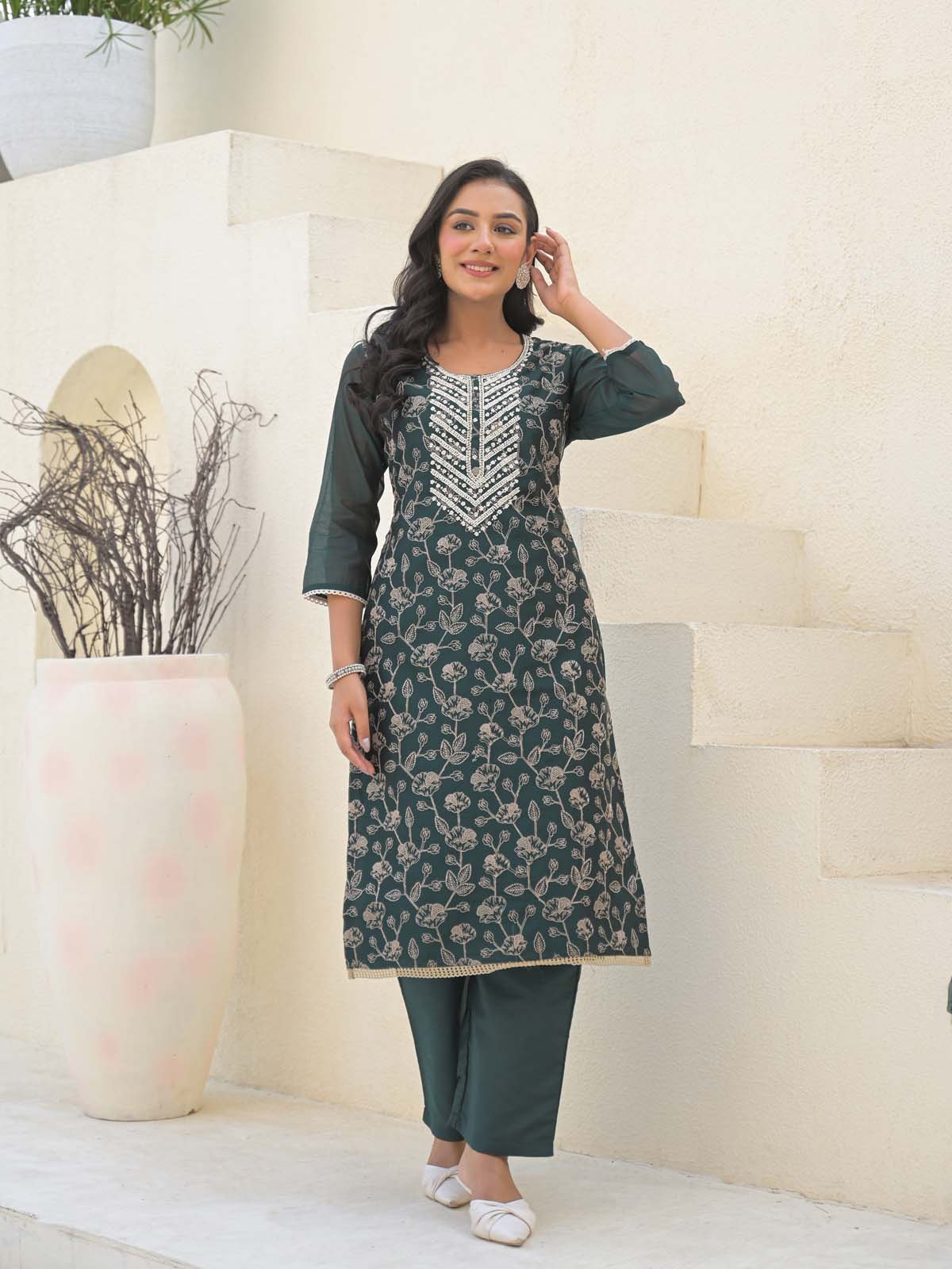 Label Khoj Women Chanderi kurta, trouser and dupptta set