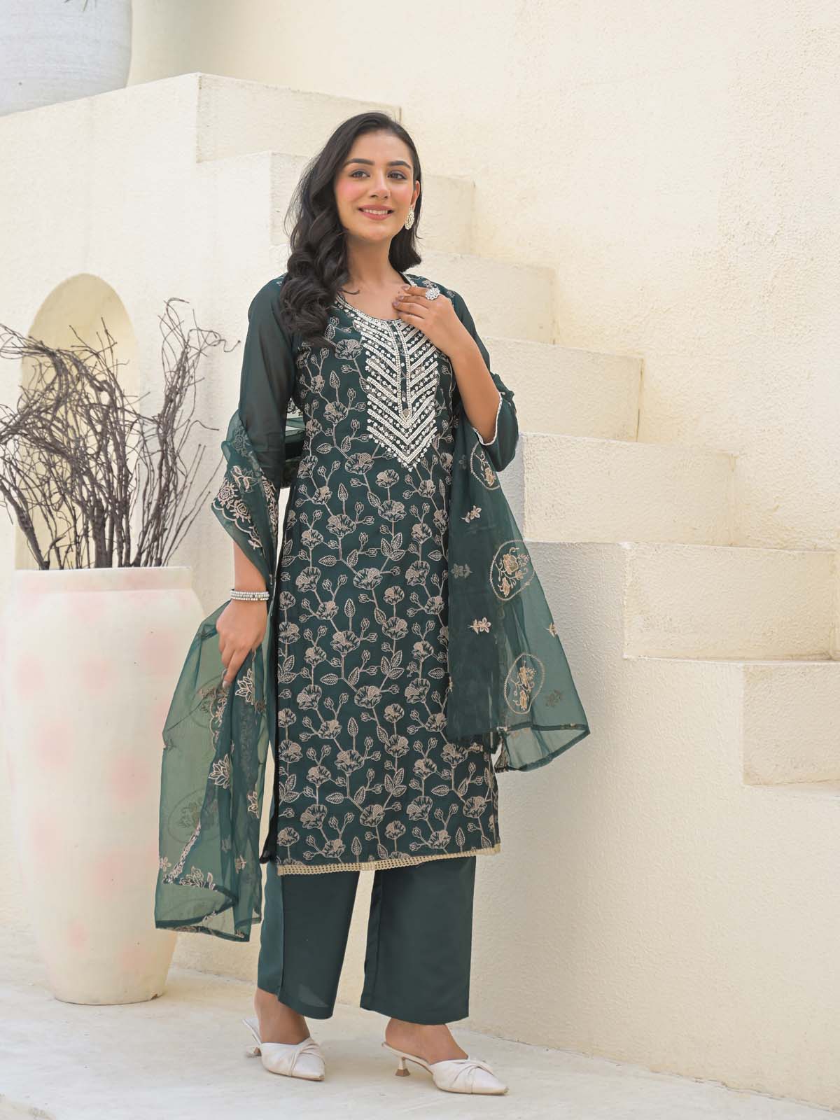 Label Khoj Women Chanderi kurta, trouser and dupptta set