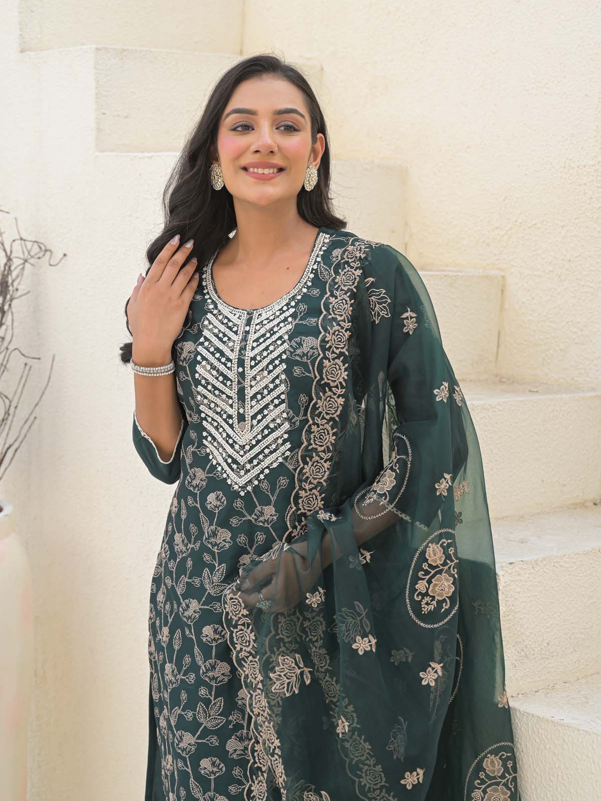Label Khoj Women Chanderi kurta, trouser and dupptta set