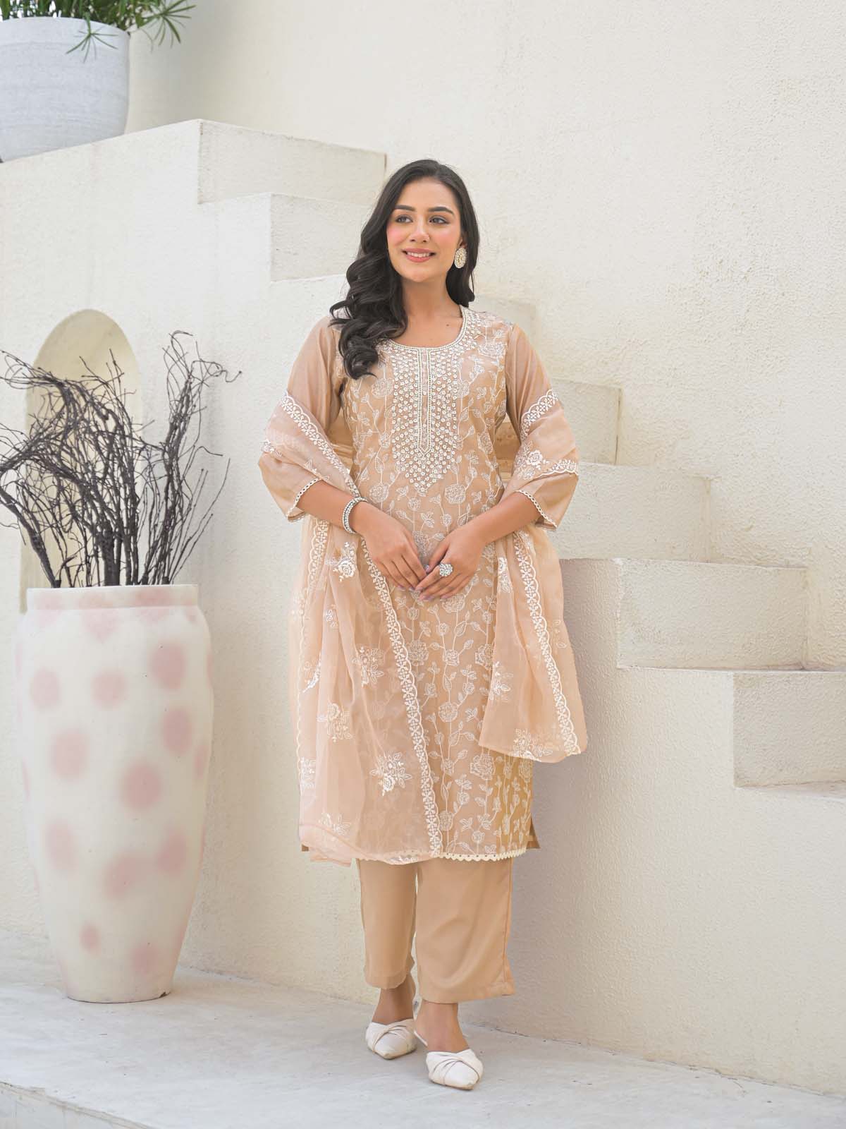 Label Khoj Women Chanderi kurta, trouser and dupptta set