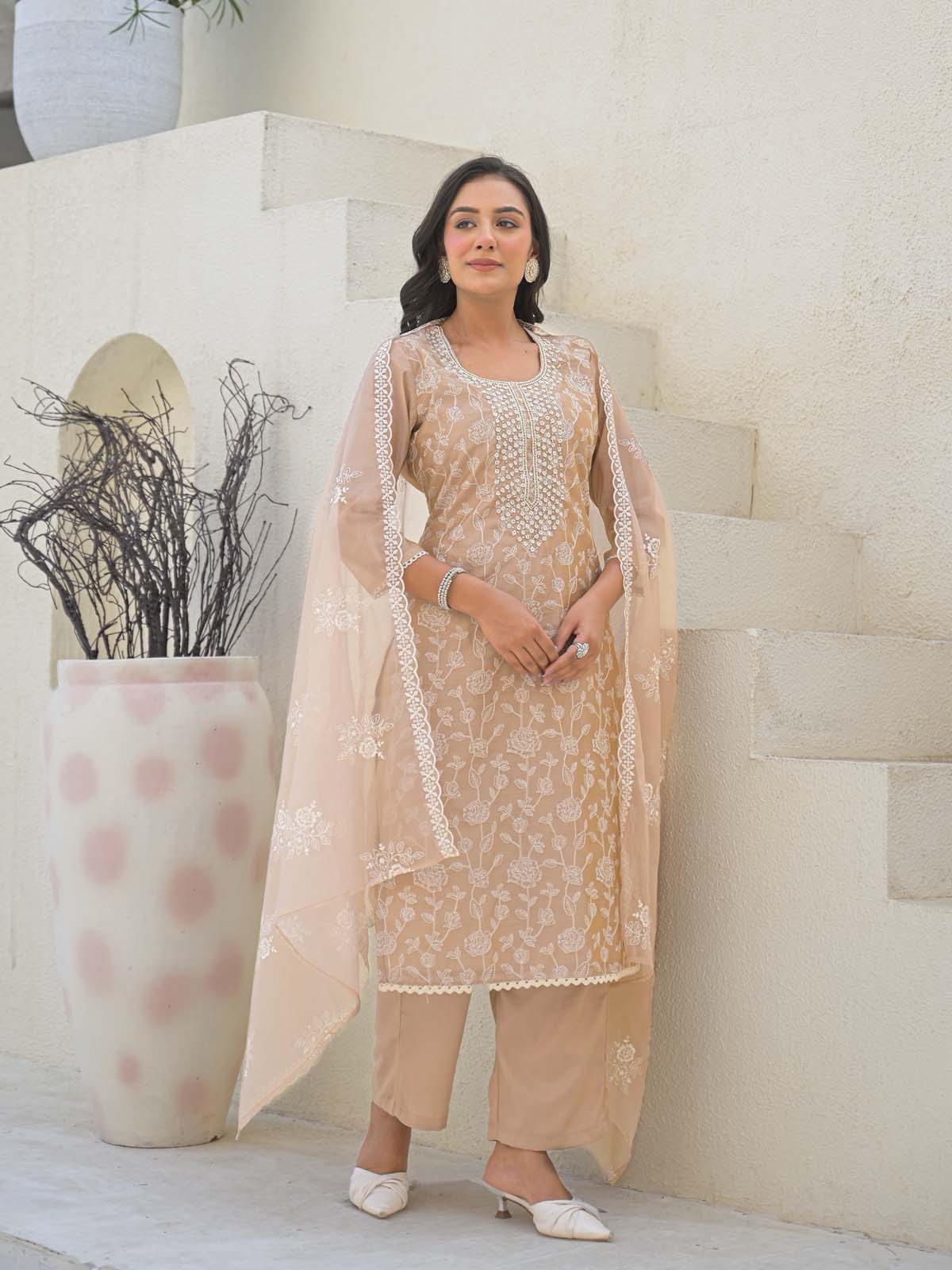 Label Khoj Women Chanderi kurta, trouser and dupptta set