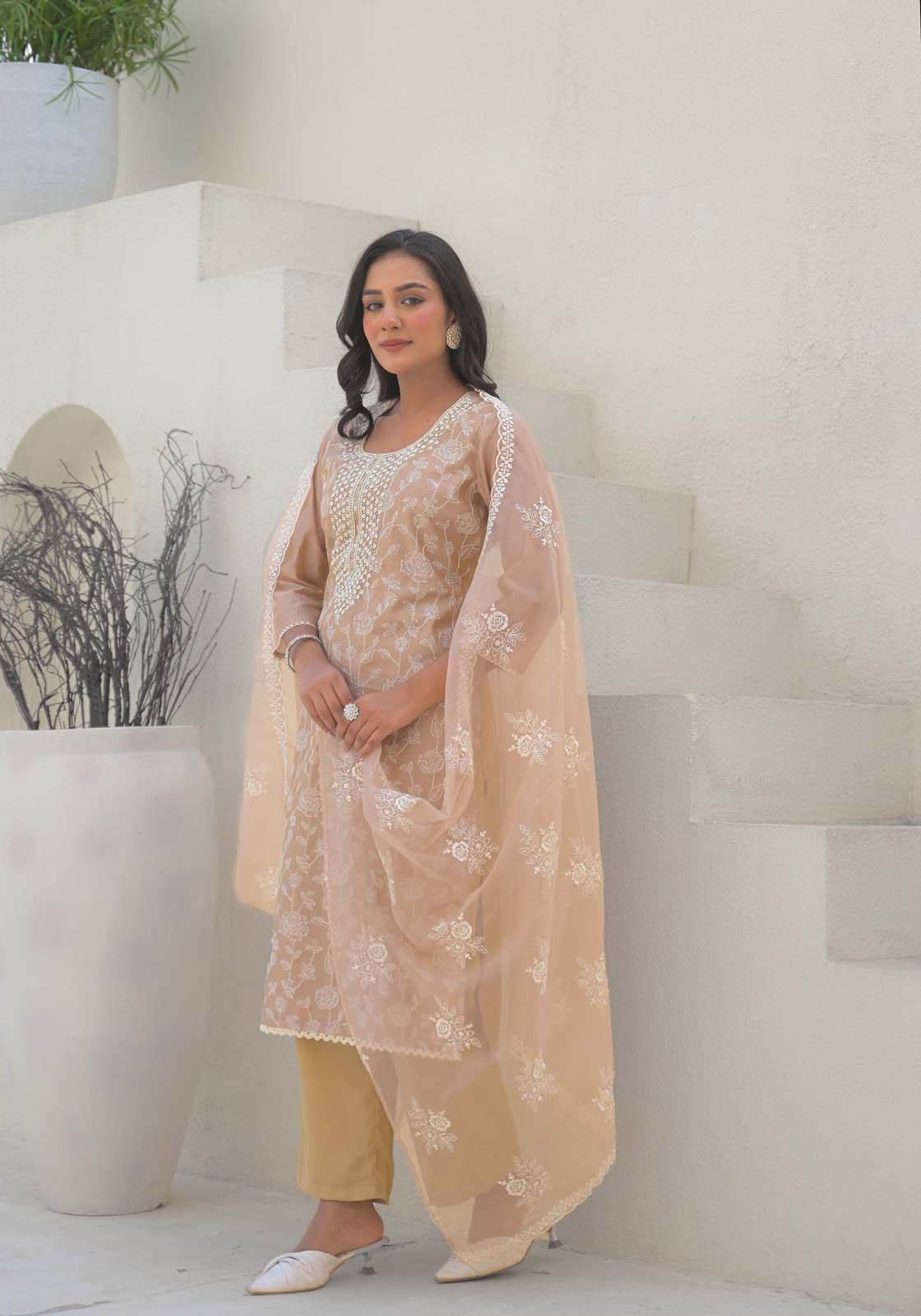 Label Khoj Women Chanderi kurta, trouser and dupptta set