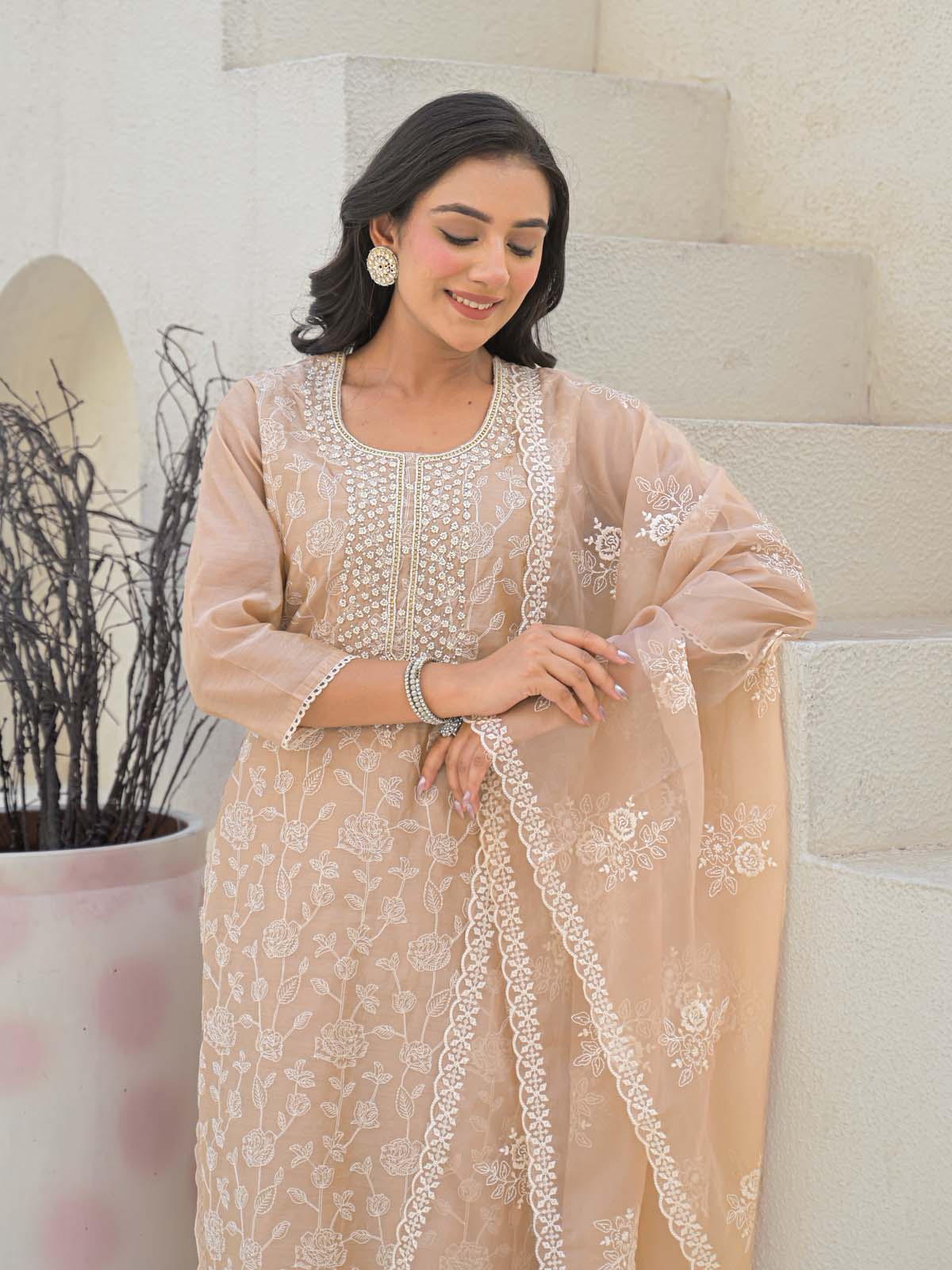 Label Khoj Women Chanderi kurta, trouser and dupptta set