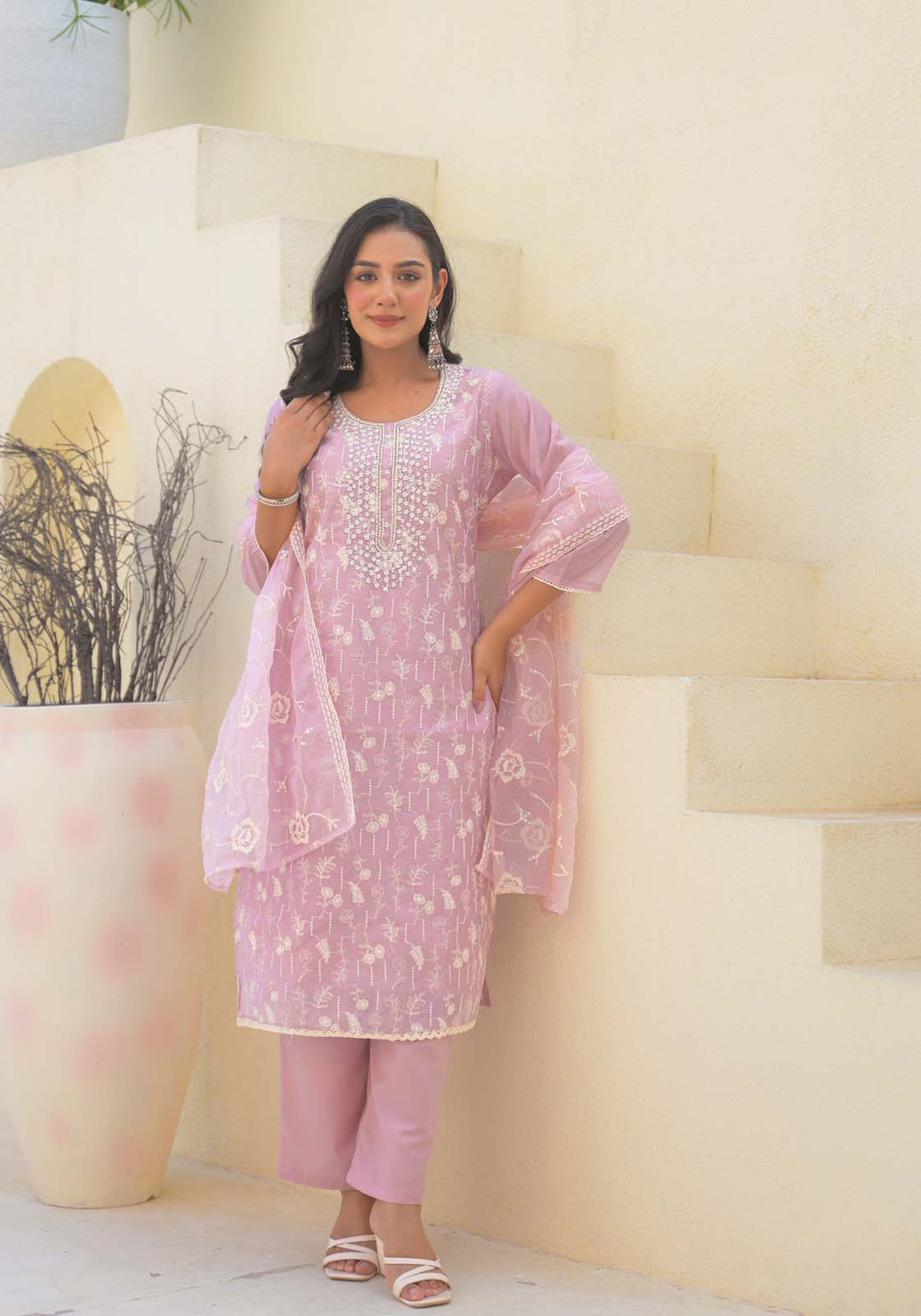 Label Khoj Women Chanderi kurta, trouser and dupptta set