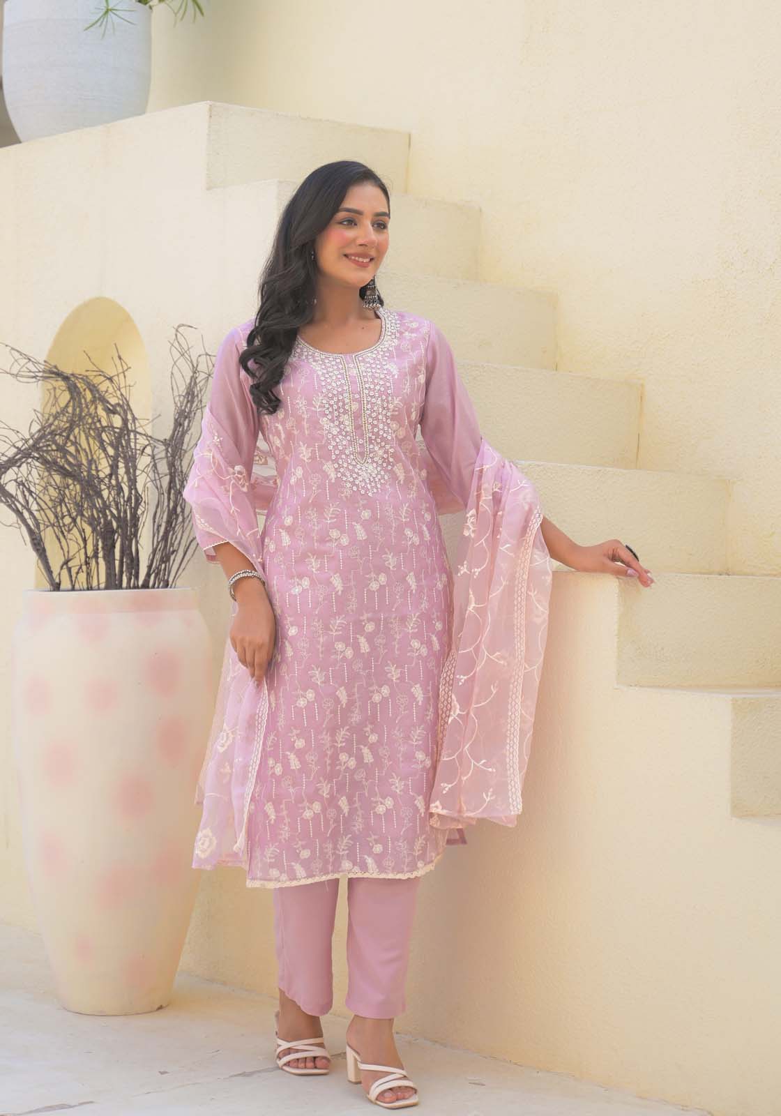 Label Khoj Women Chanderi kurta, trouser and dupptta set