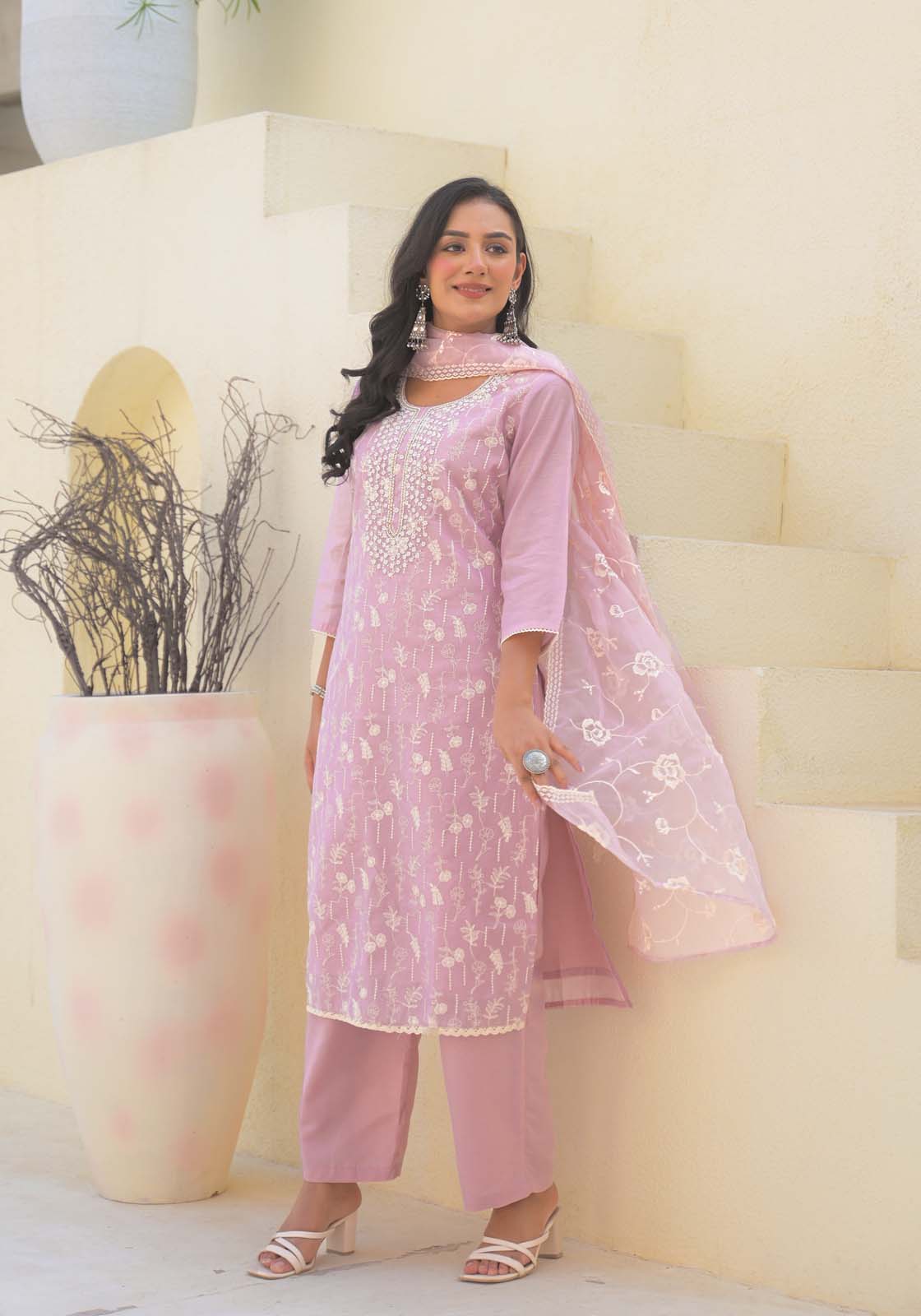 Label Khoj Women Chanderi kurta, trouser and dupptta set