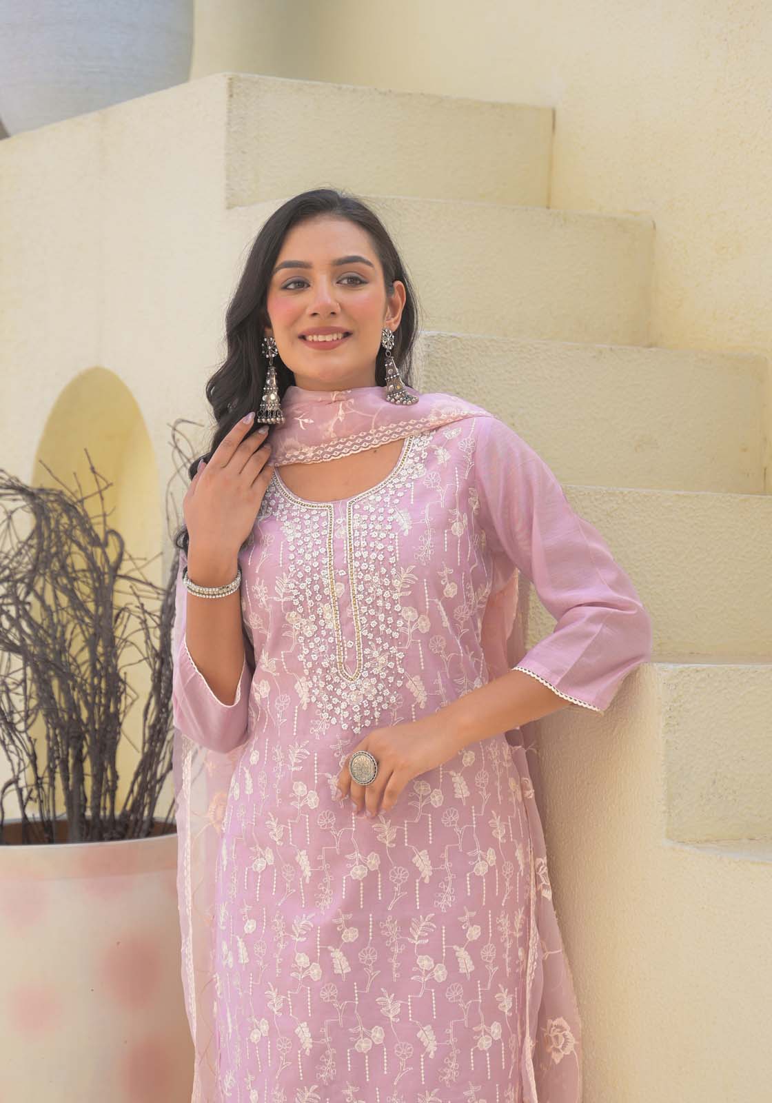 Label Khoj Women Chanderi kurta, trouser and dupptta set
