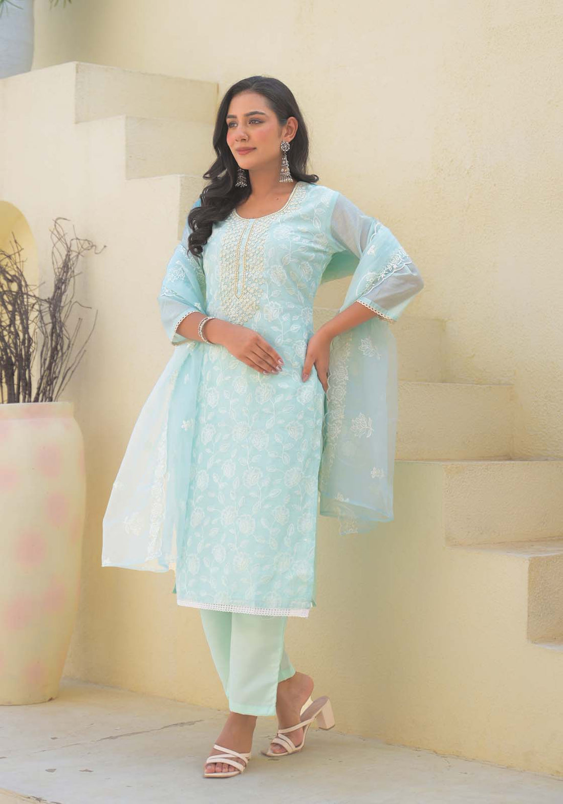 Label Khoj Women Chanderi kurta, trouser and dupptta set