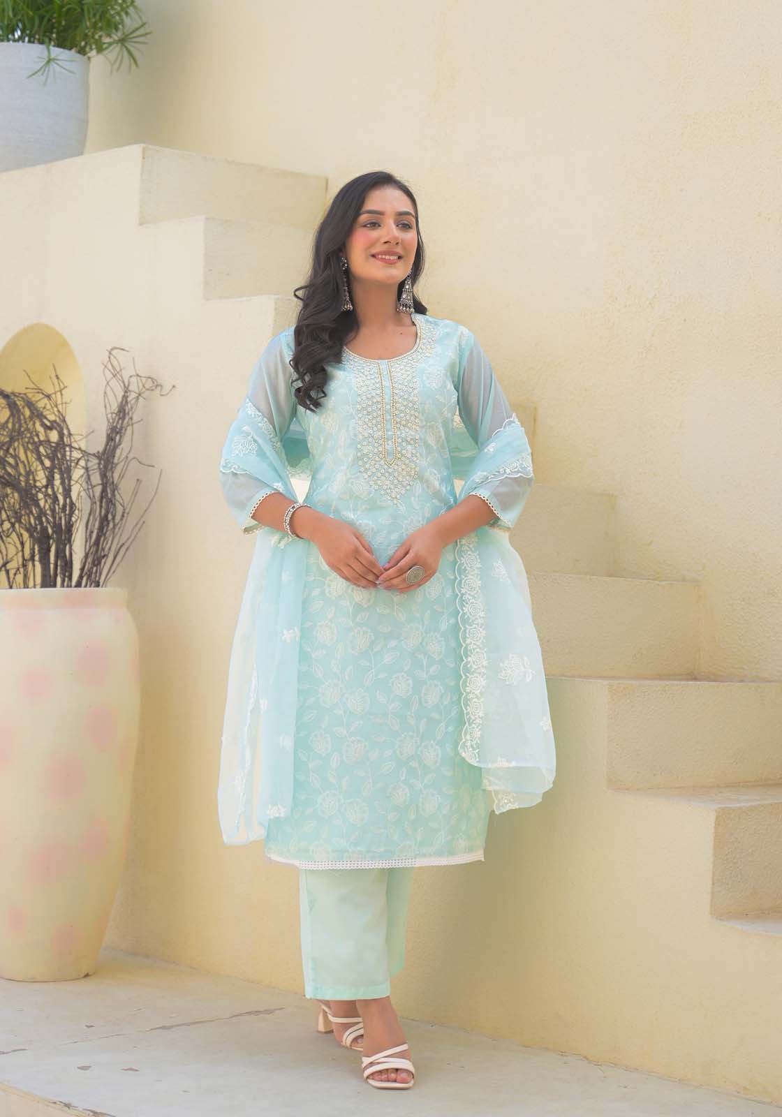 Label Khoj Women Chanderi kurta, trouser and dupptta set