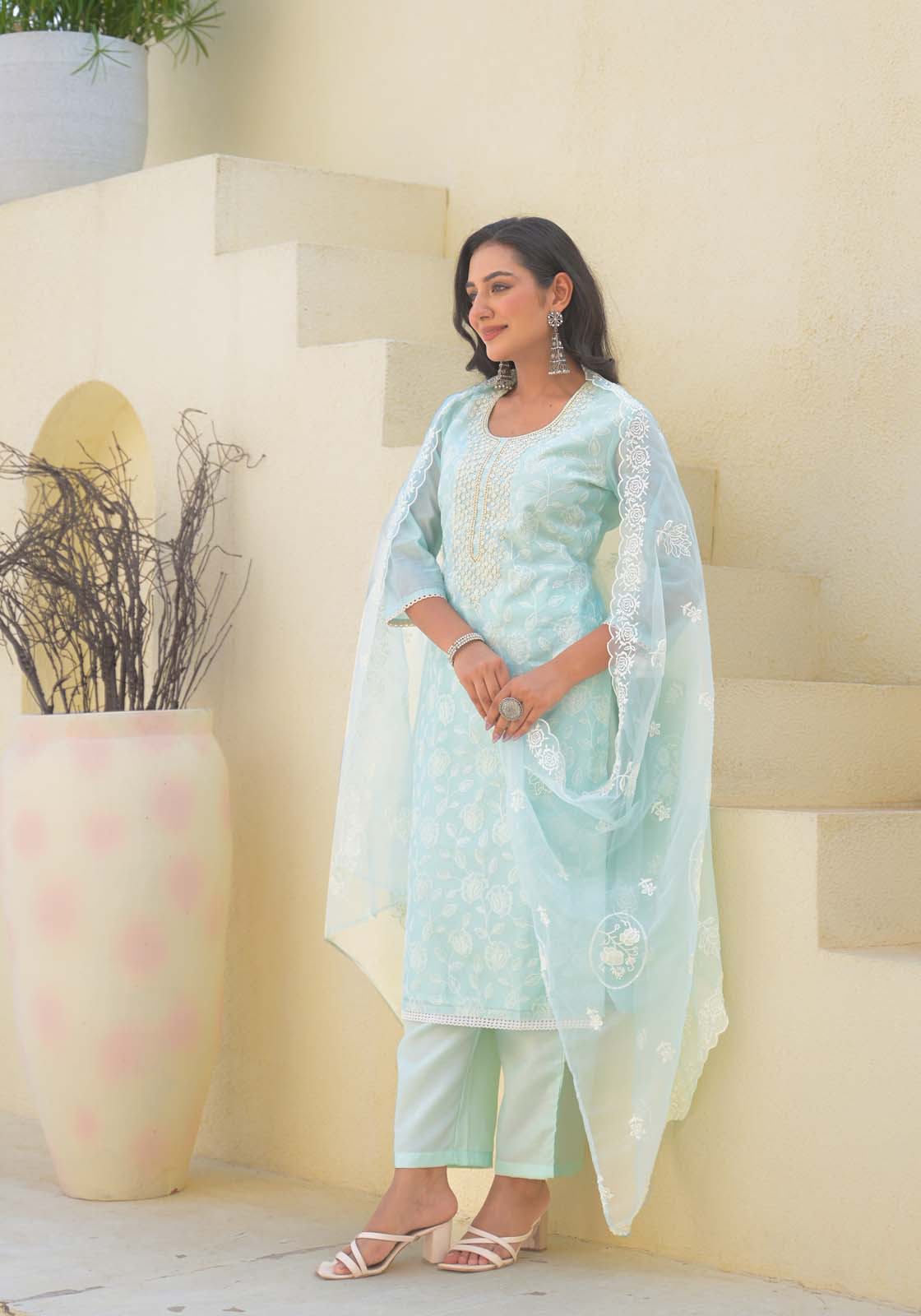 Label Khoj Women Chanderi kurta, trouser and dupptta set