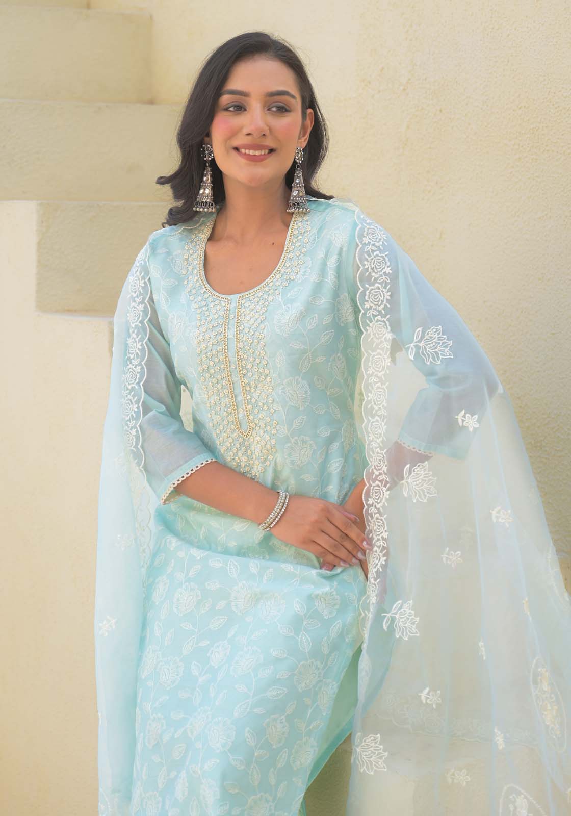 Label Khoj Women Chanderi kurta, trouser and dupptta set
