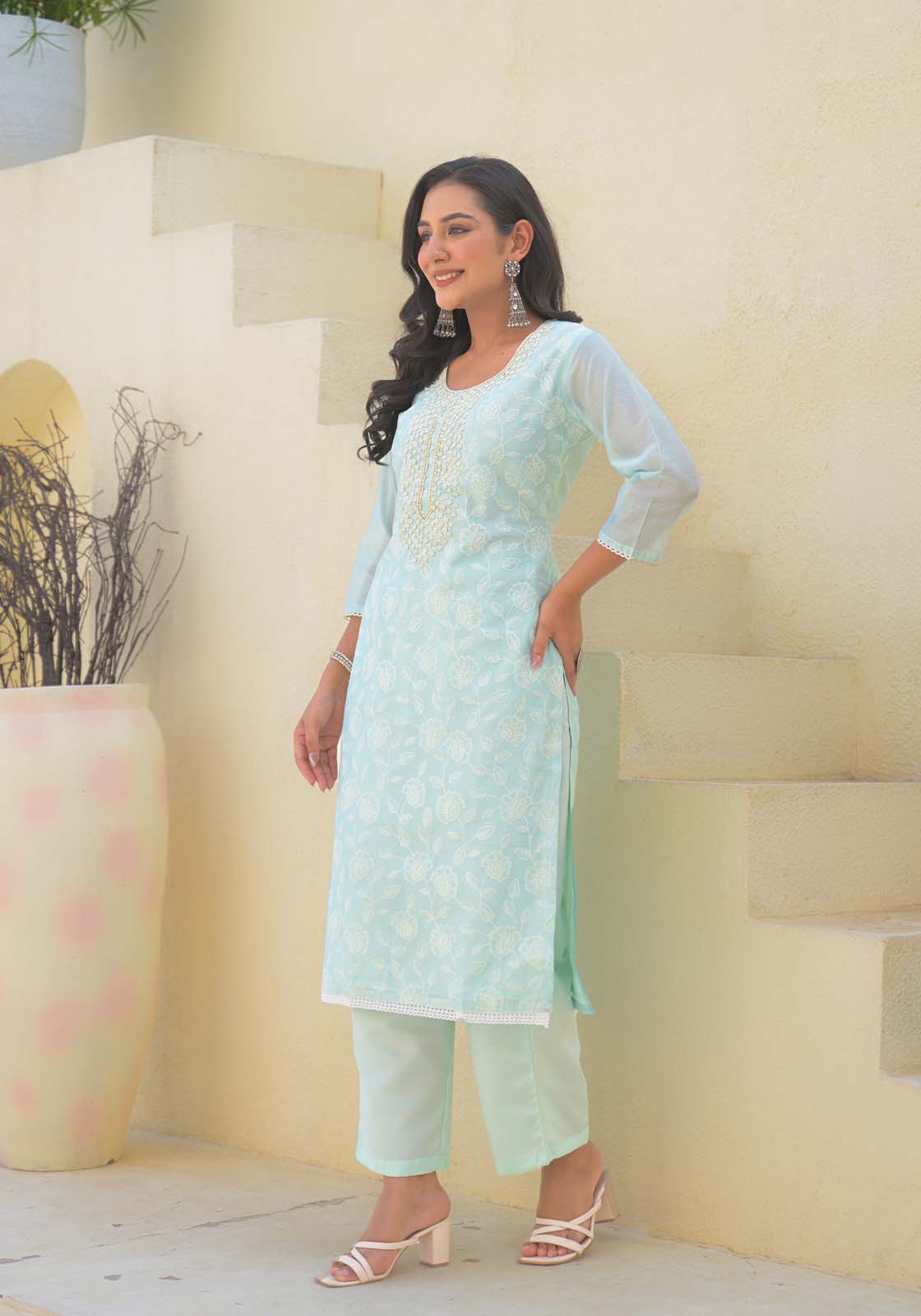 Label Khoj Women Chanderi kurta, trouser and dupptta set