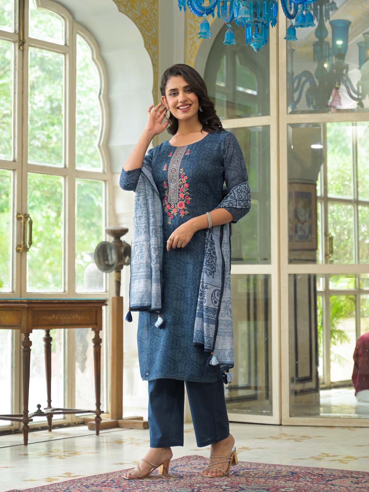 Label Khoj Women Lilen kurta, trouser and dupptta set