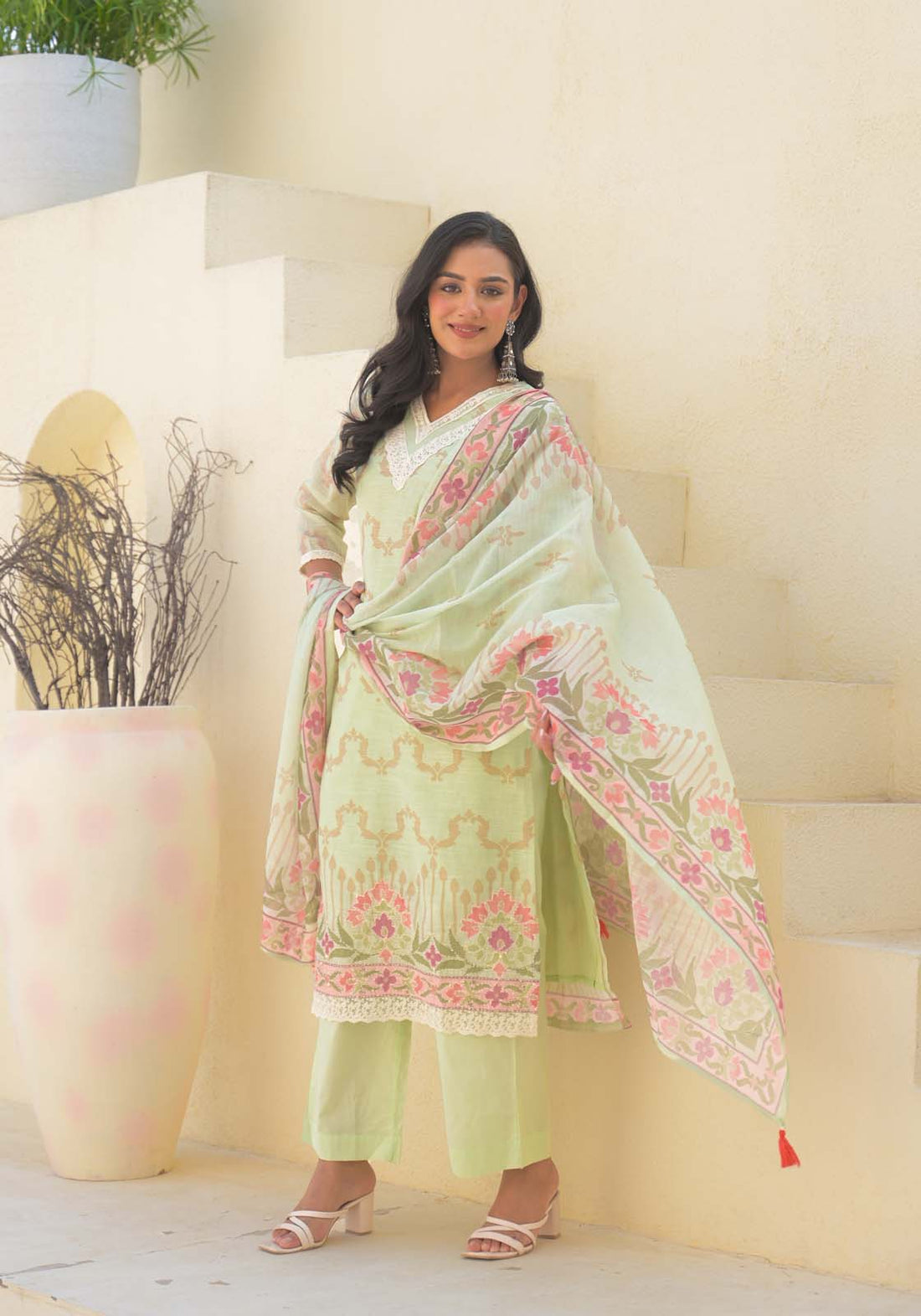 Label Khoj Women Lilen kurta, trouser and dupptta set
