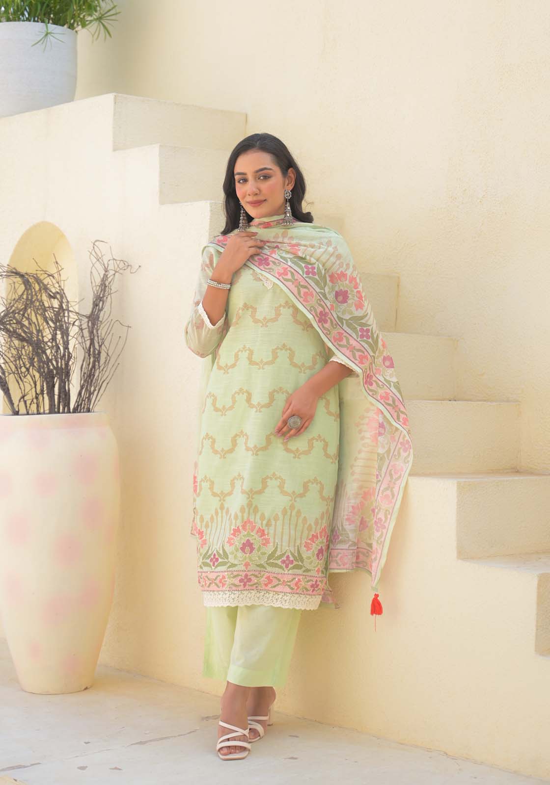 Label Khoj Women Lilen kurta, trouser and dupptta set
