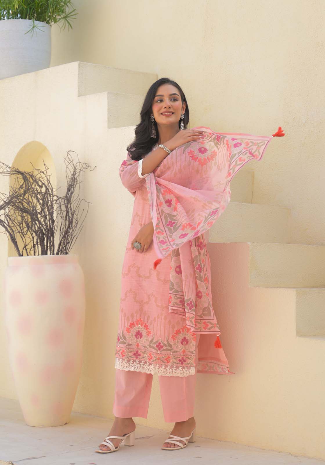 Label Khoj Women Lilen kurta, trouser and dupptta set