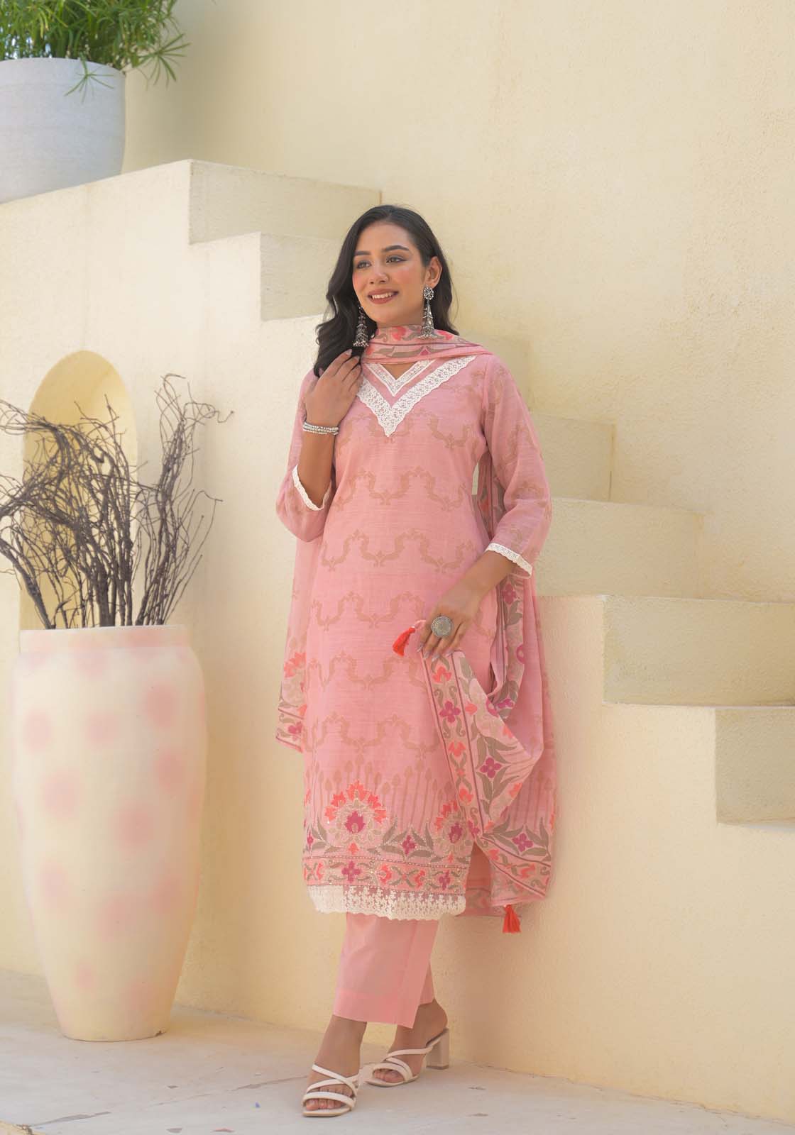 Label Khoj Women Lilen kurta, trouser and dupptta set