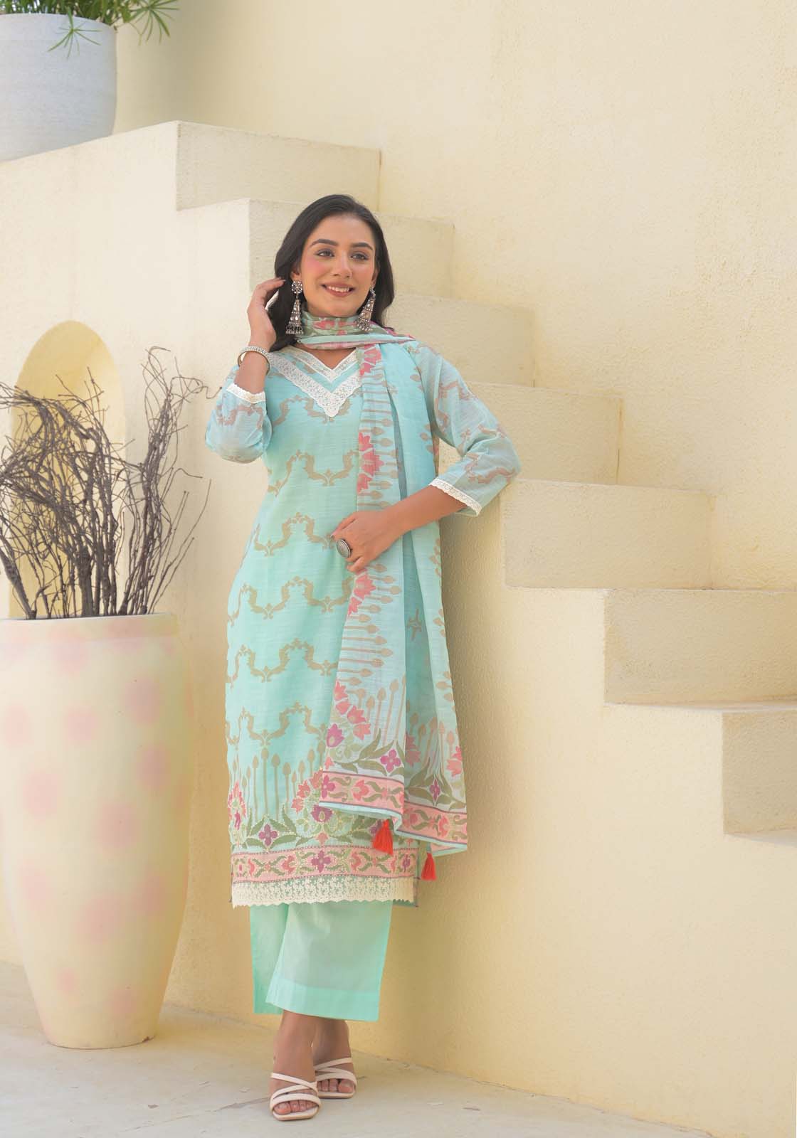 Label Khoj Women Lilen kurta, trouser and dupptta set