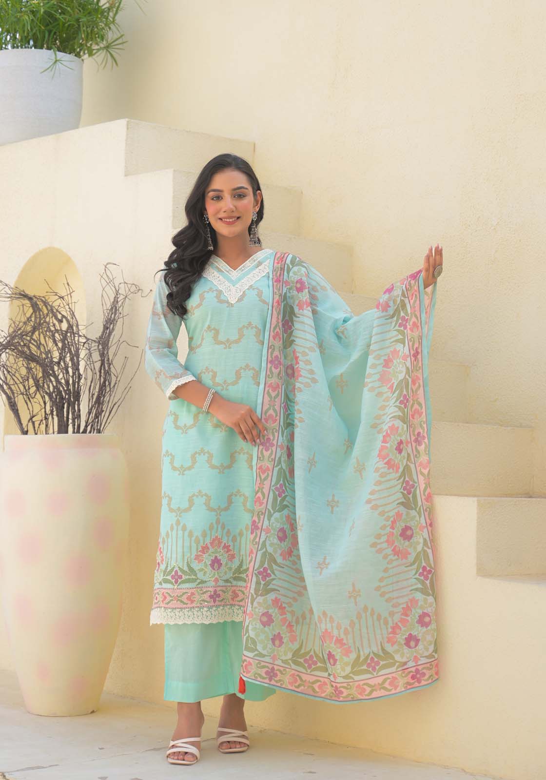 Label Khoj Women Lilen kurta, trouser and dupptta set