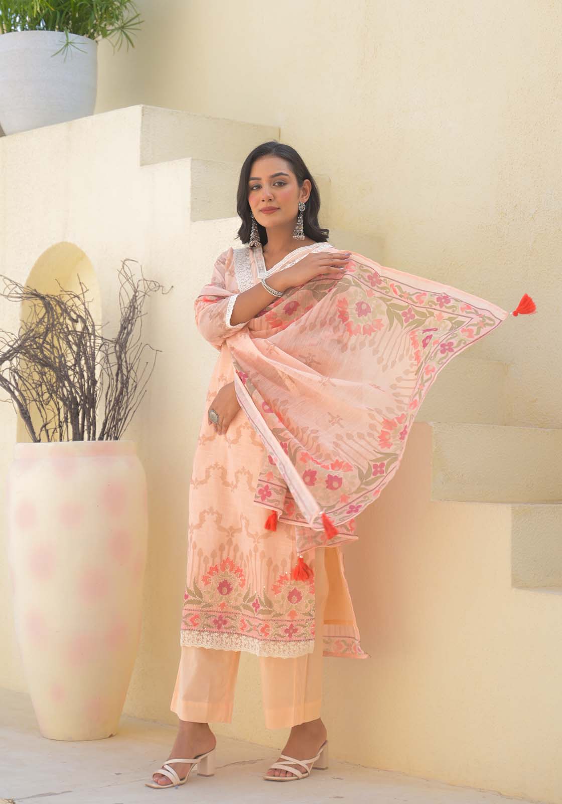 Label Khoj Women Lilen kurta, trouser and dupptta set
