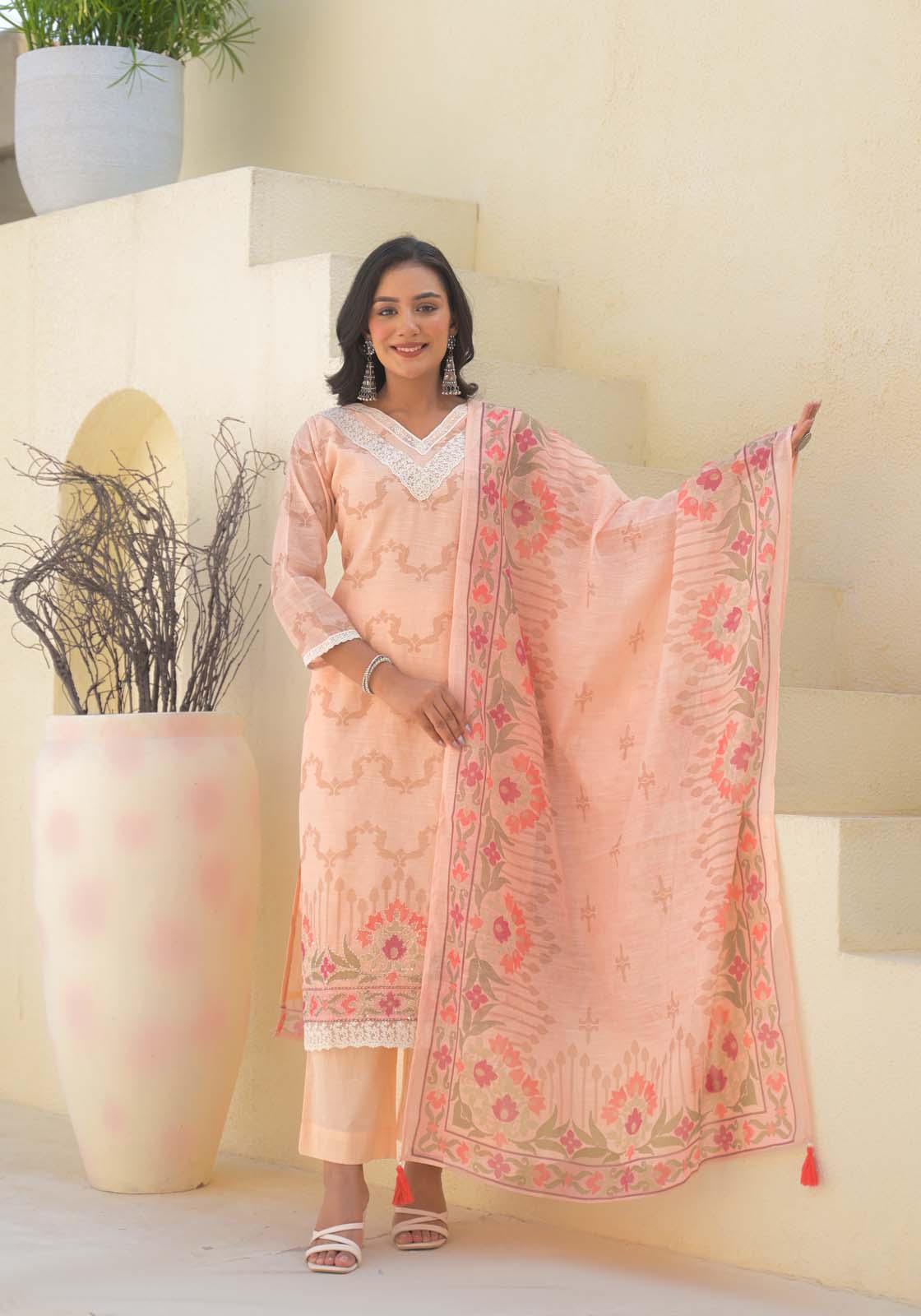 Label Khoj Women Lilen kurta, trouser and dupptta set