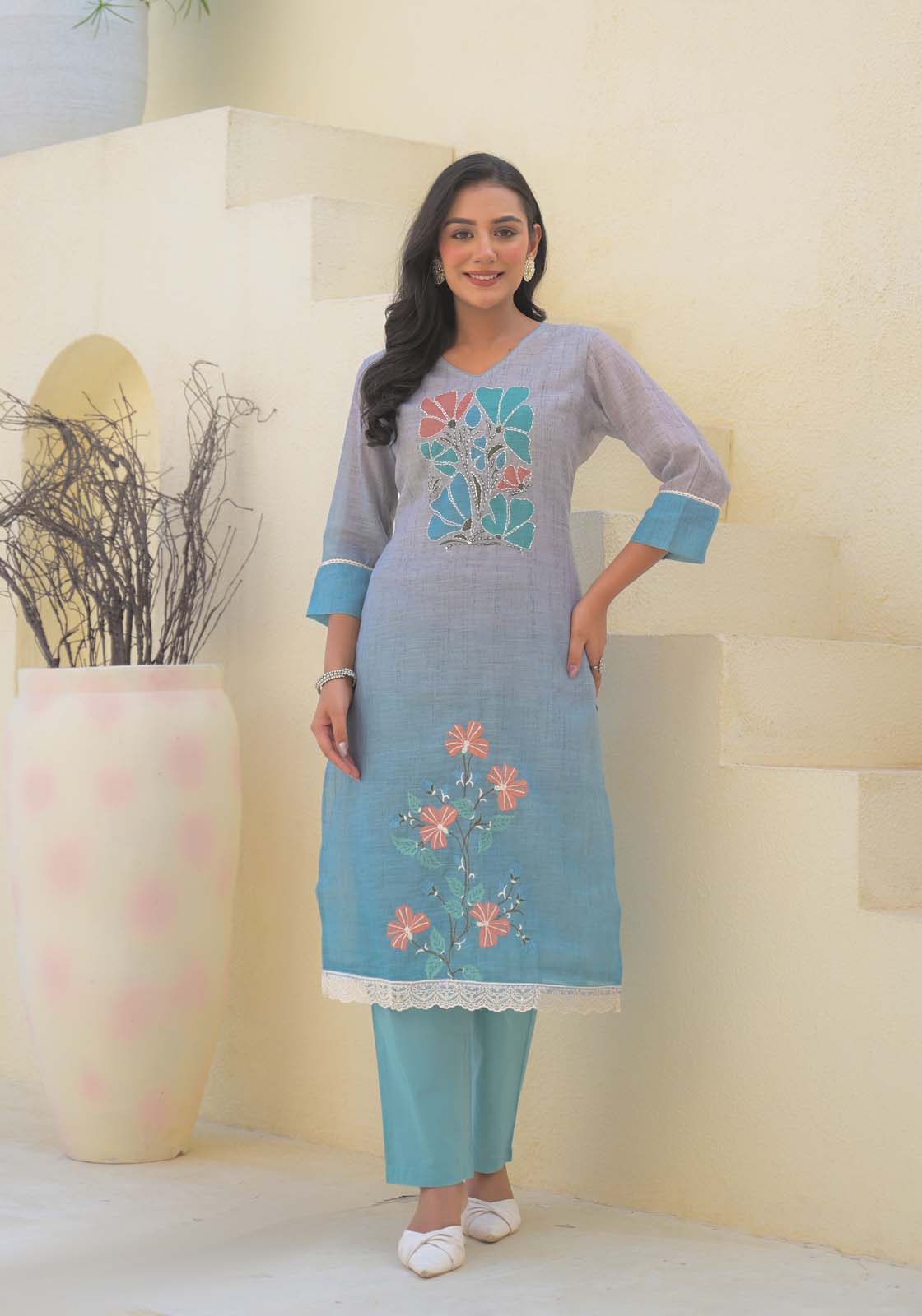 Label Khoj Women Lilen kurta, trouser and dupptta set