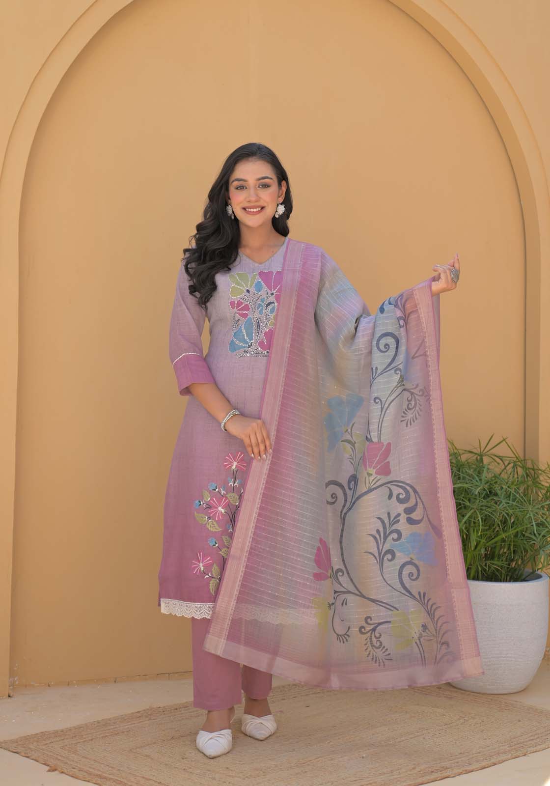 Label Khoj Women Lilen kurta, trouser and dupptta set