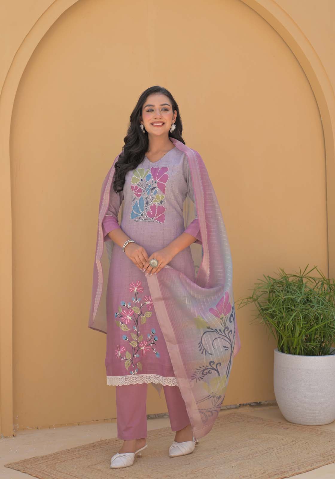 Label Khoj Women Lilen kurta, trouser and dupptta set