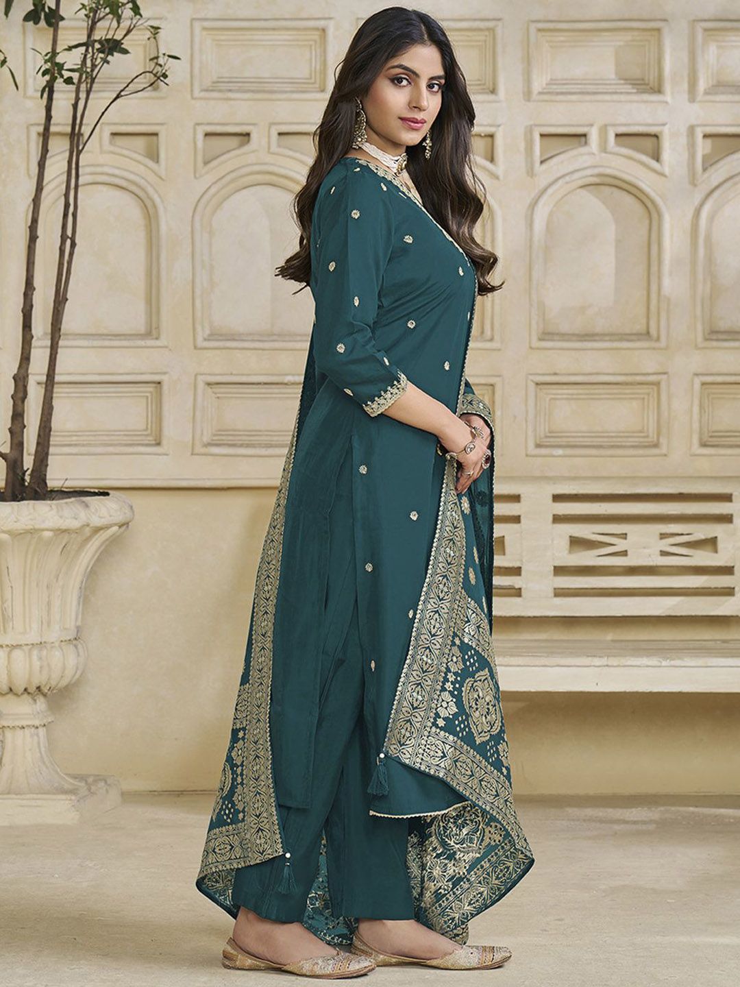 Label Khoj Women Roman Silk Embroidery  Work Firoji Color Kurta & Bottom With Dupatta  Set