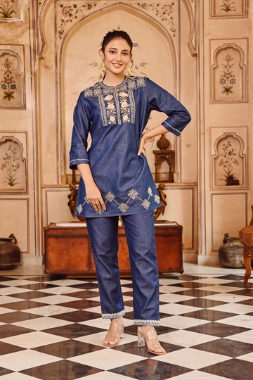 Denim Blue Embroidered Top
