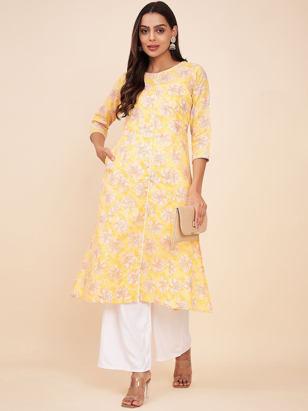 Label Khoj Women Cotton Yellow Floral Kurta