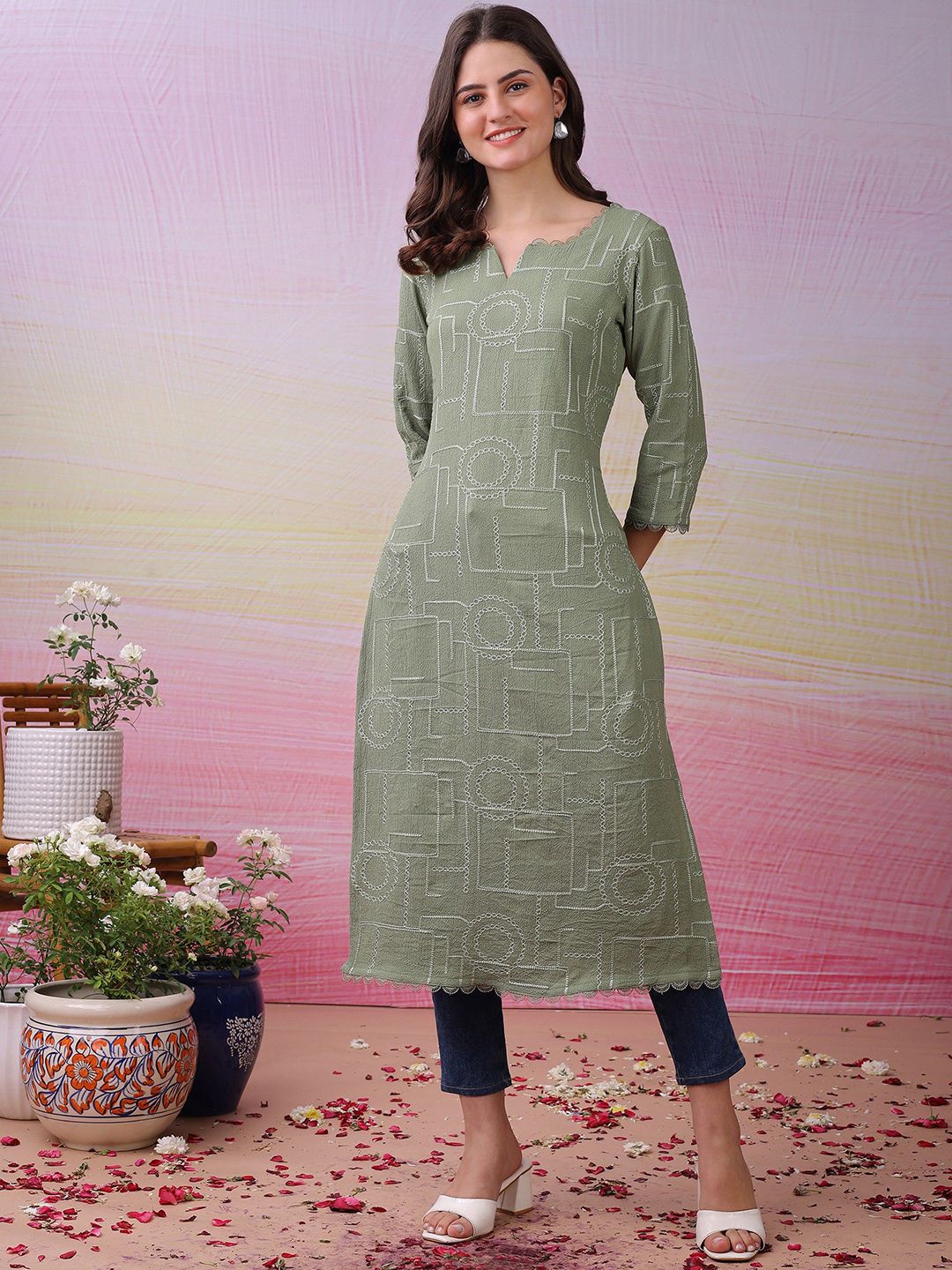 Label Khoj Women's Pista Polyester Embroidered Kurta
