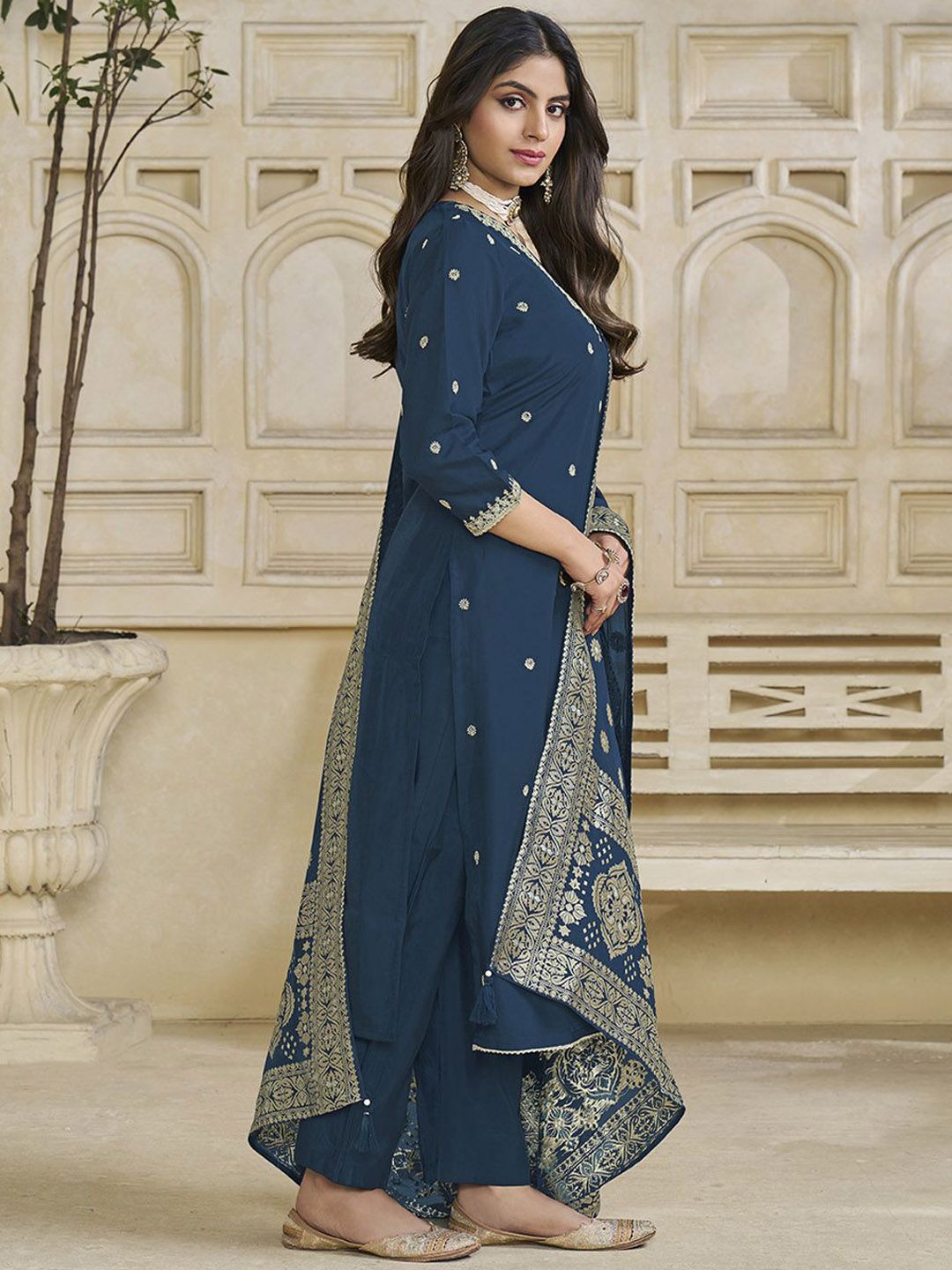 Label Khoj Women Roman Silk Embroidery  Work Blue Color Kurta & Bottom With Dupatta  Set