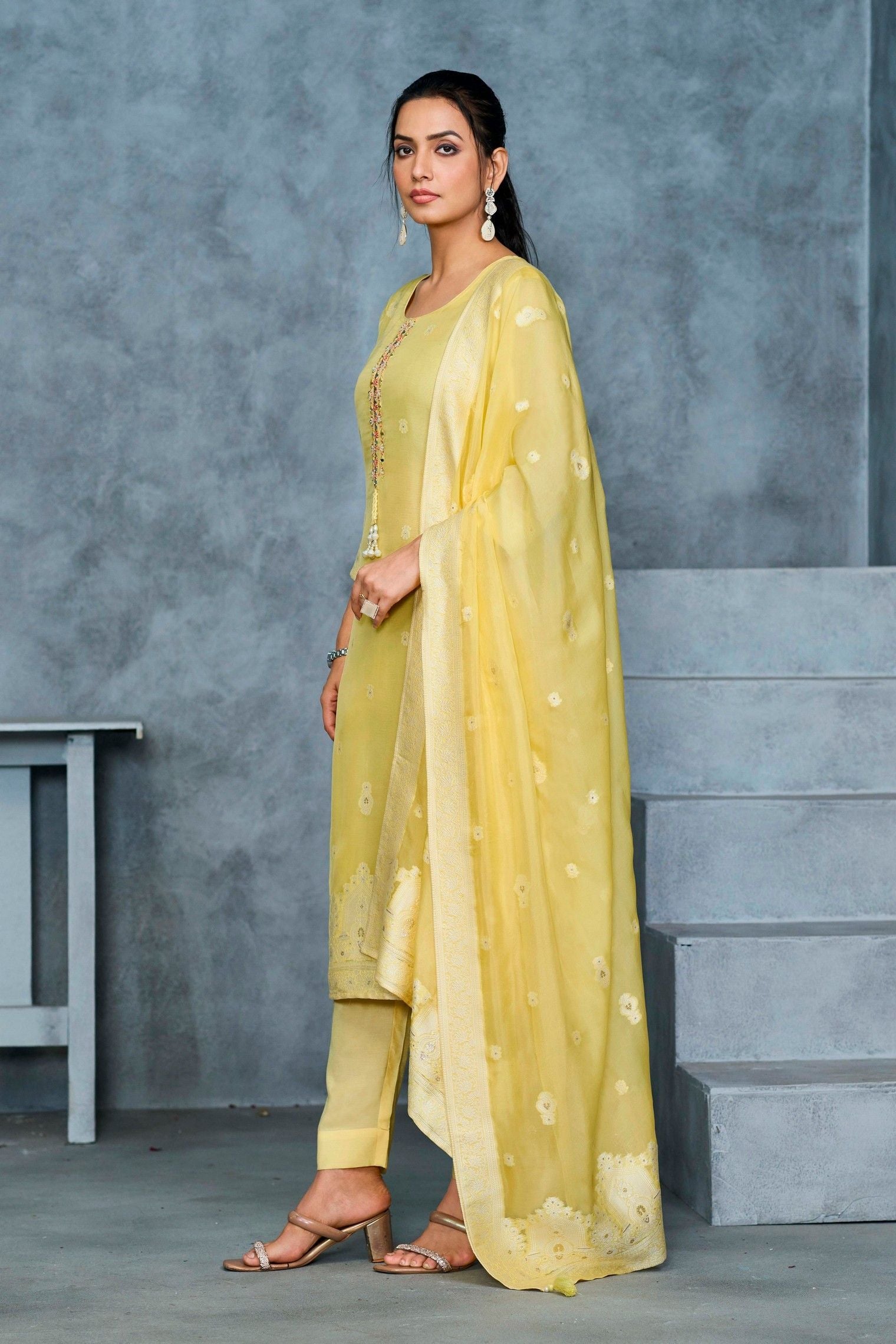 Label khoj Pure viscose organza jacqured with hand work kurta set