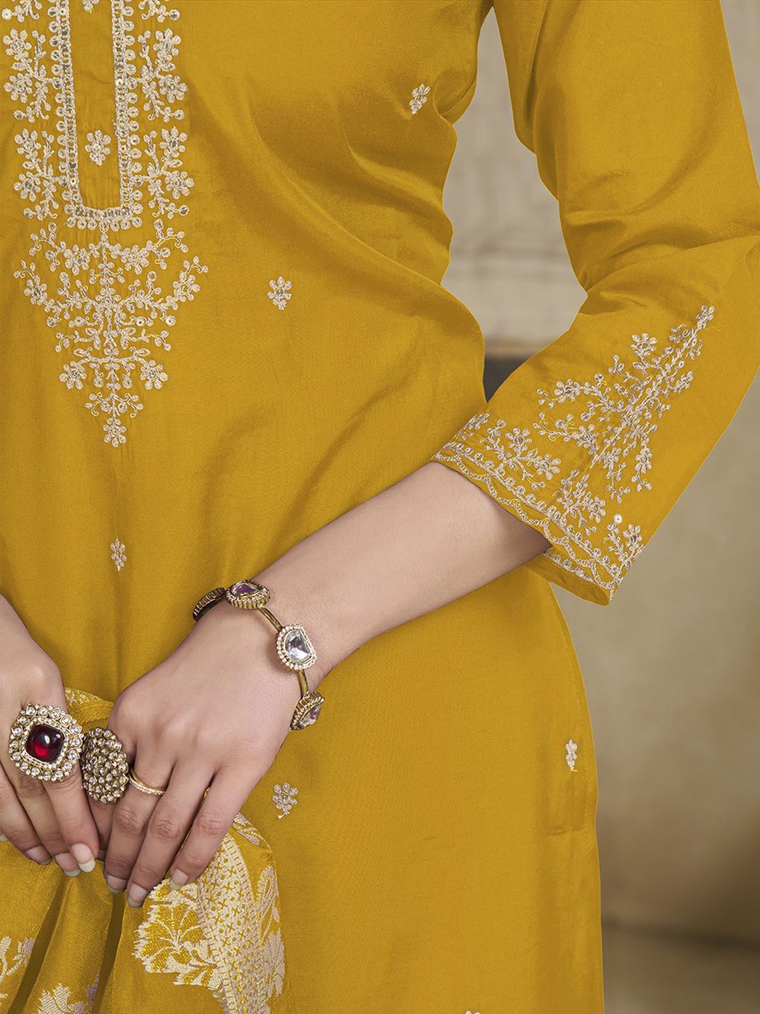Label Khoj Women Roman Silk Embroidery  Work Yellow Color Kurta & Bottom With Dupatta  Set