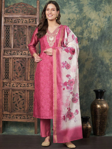 Label Khoj Women's Gajari Chanderi Embroidered Kurta with Pant and Gajari Dupatta