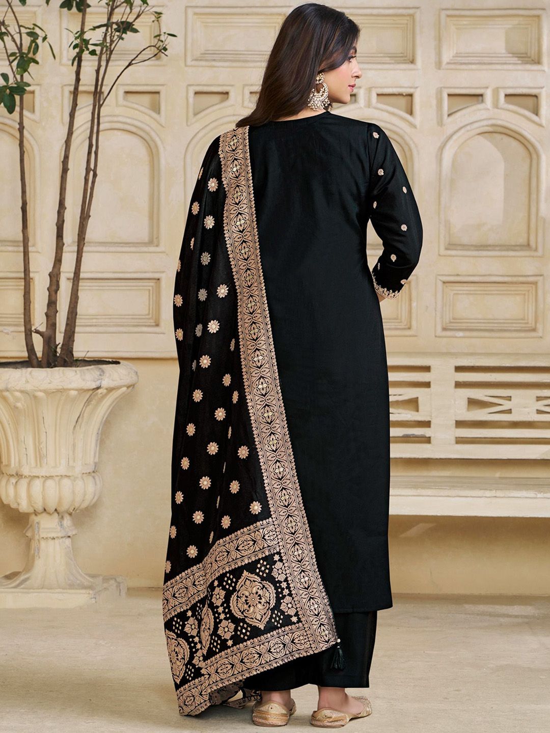 Label Khoj Women Roman Silk Embroidery  Work Black Color Kurta & Bottom With Dupatta  Set