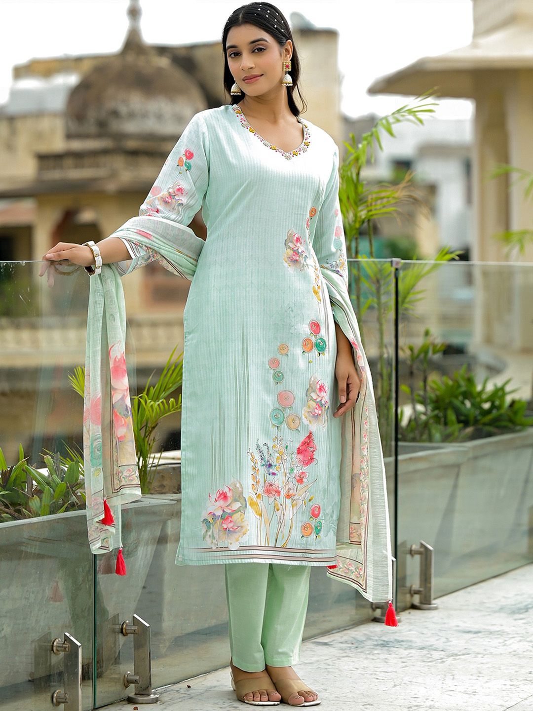 Label Khoj Women Lilen Print Kurta, Trouser And Dupptta Set Linen Green Color