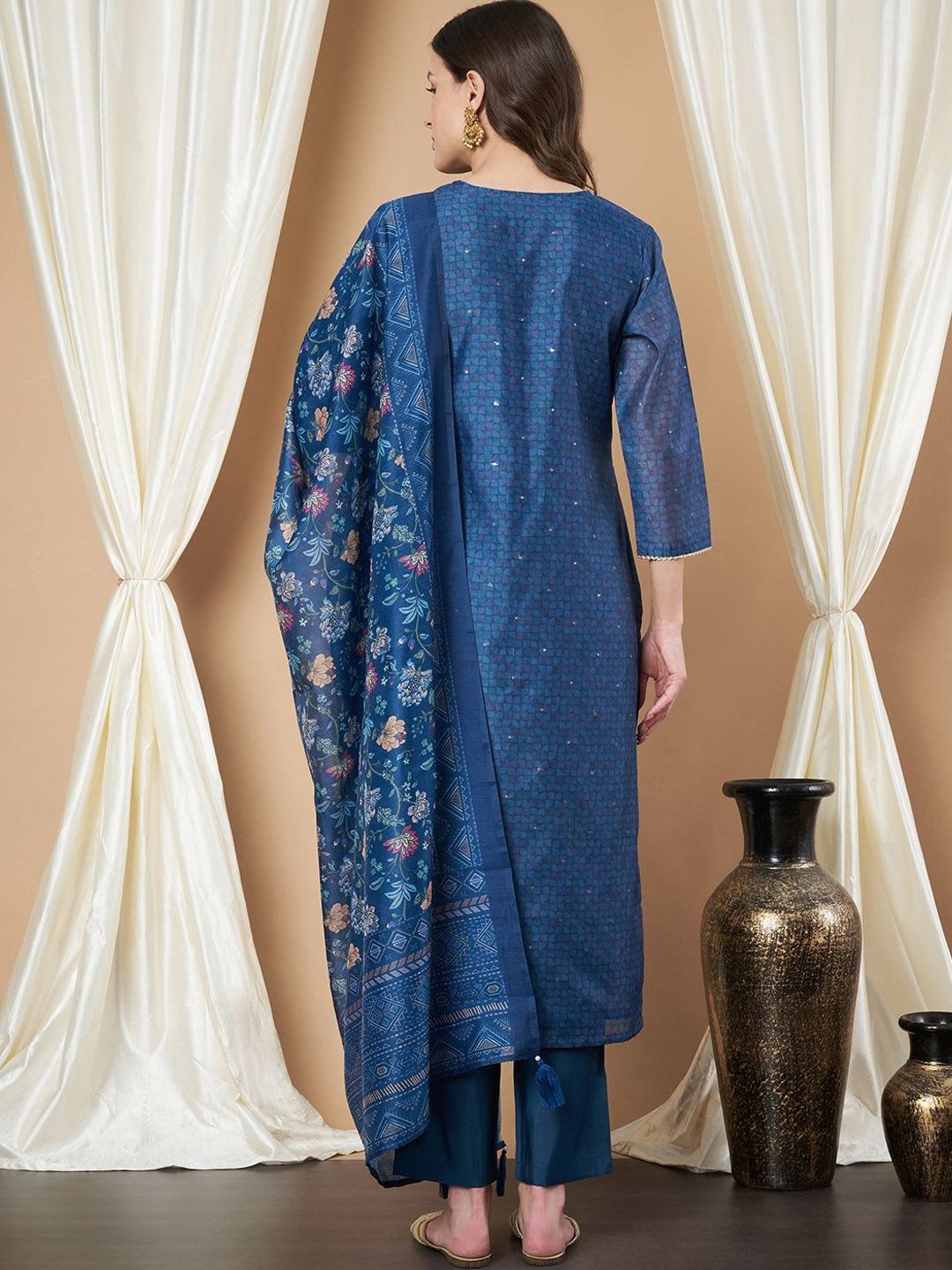 Label Khoj Women's Blue Chanderi Embroidered Kurta with Pant and Blue Dupatta