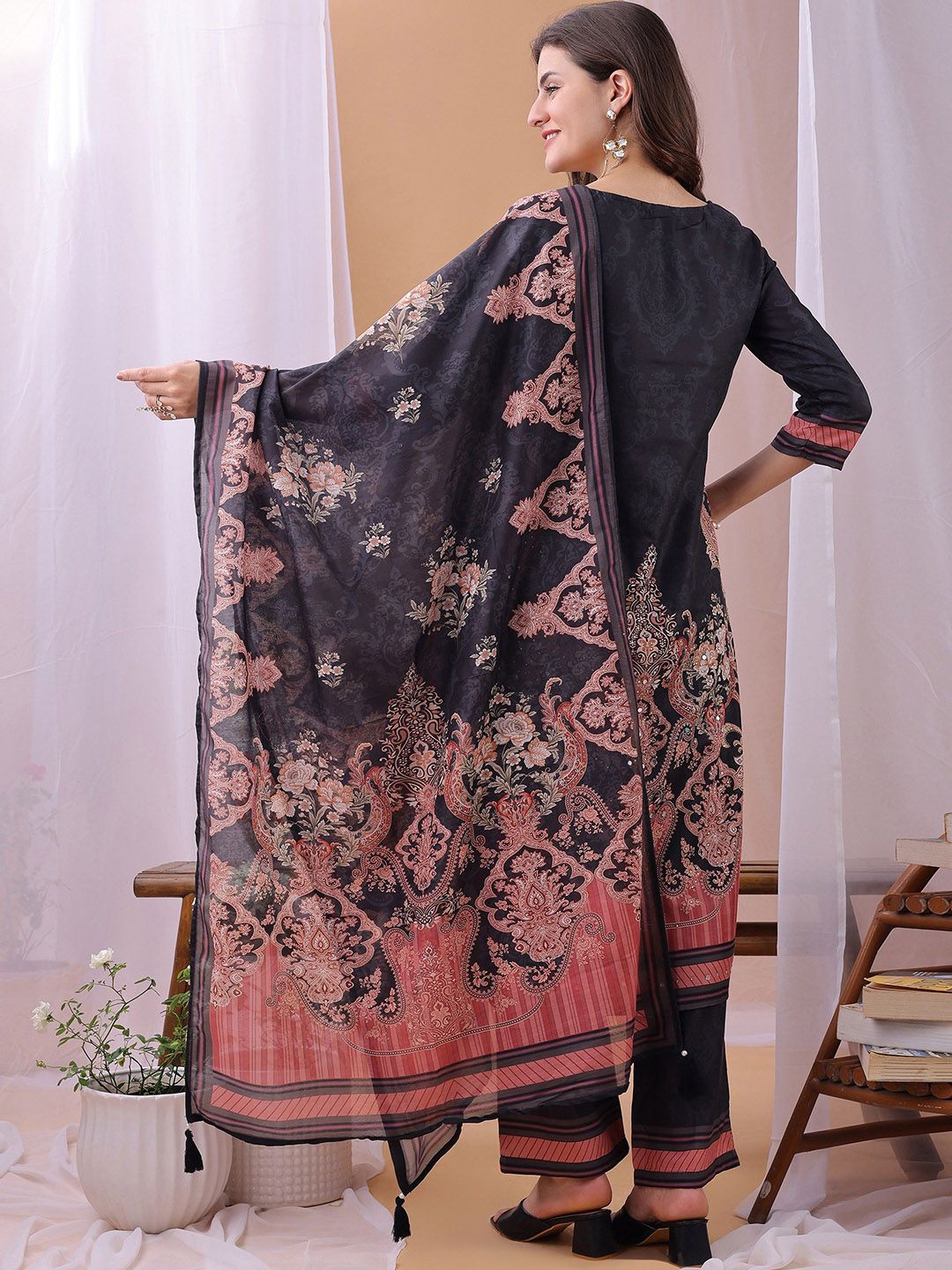 Label Khoj Women's Dark Grey Silk Blend Handwork Kurta with Pant and Dark Grey Dupatta