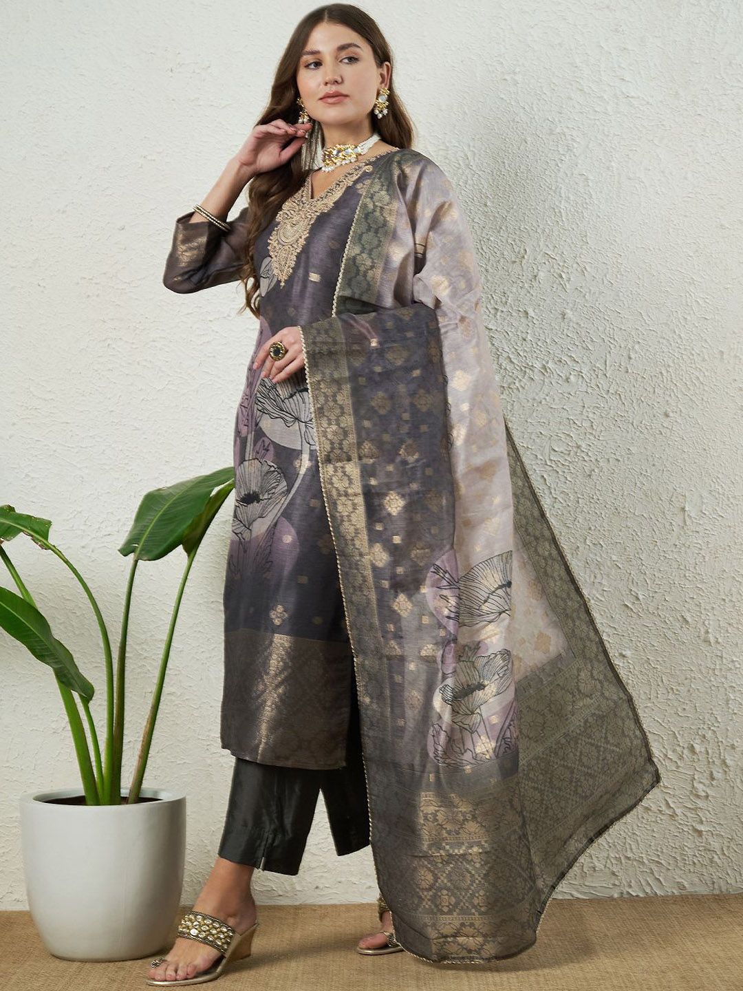 Label Khoj Women Silk Jacqured  Embroidery  Work Grey Color Kurta & Bottom With Dupatta  Set