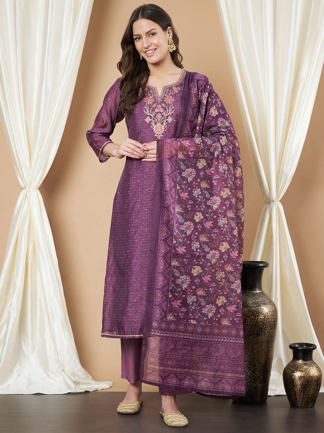 Label Khoj Women's Violet Chanderi Embroidered Kurta with Pant and Violet Dupatta
