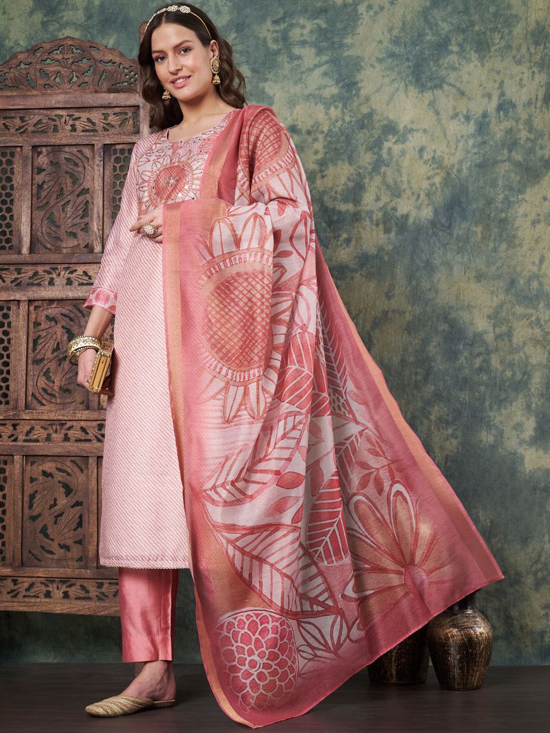 Label Khoj Women's Peach Chanderi Embroidered Kurta with Pant and Peach Dupatta