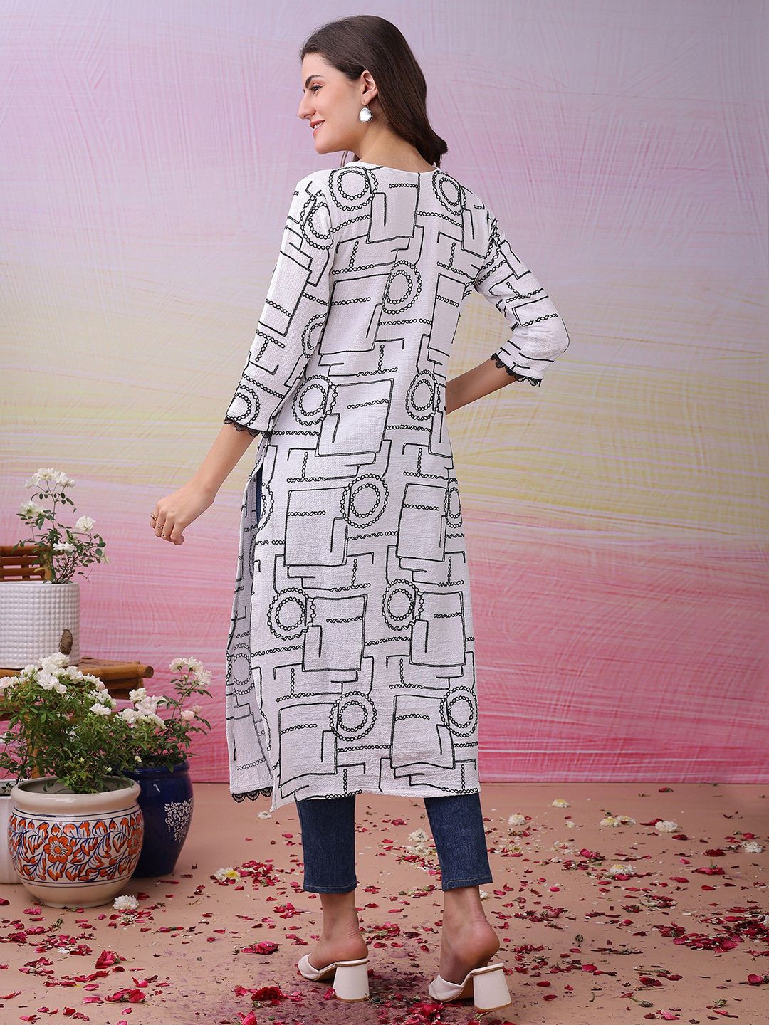 Label Khoj Women's White Polyester Embroidered Kurta