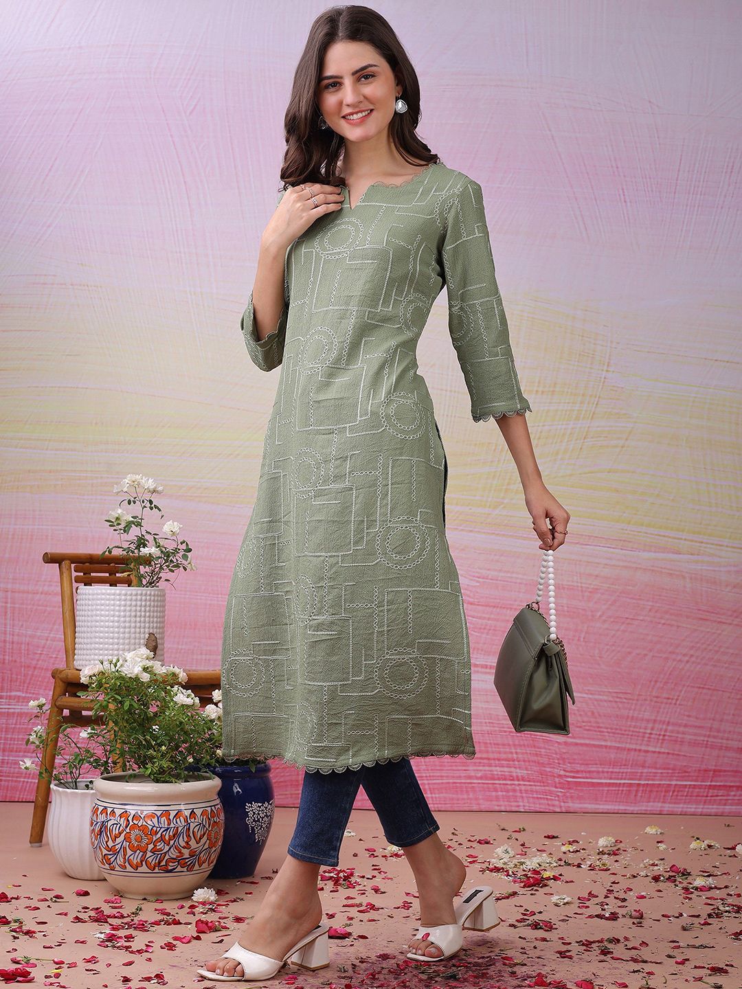 Label Khoj Women's Pista Polyester Embroidered Kurta