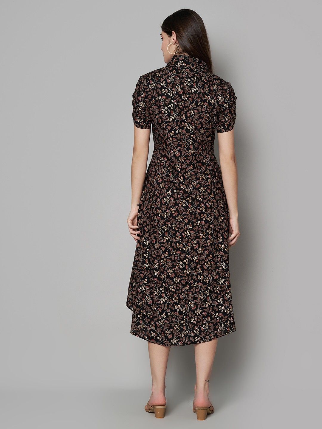 Label Khoj Women's Black Rayon Printed Midi Dress