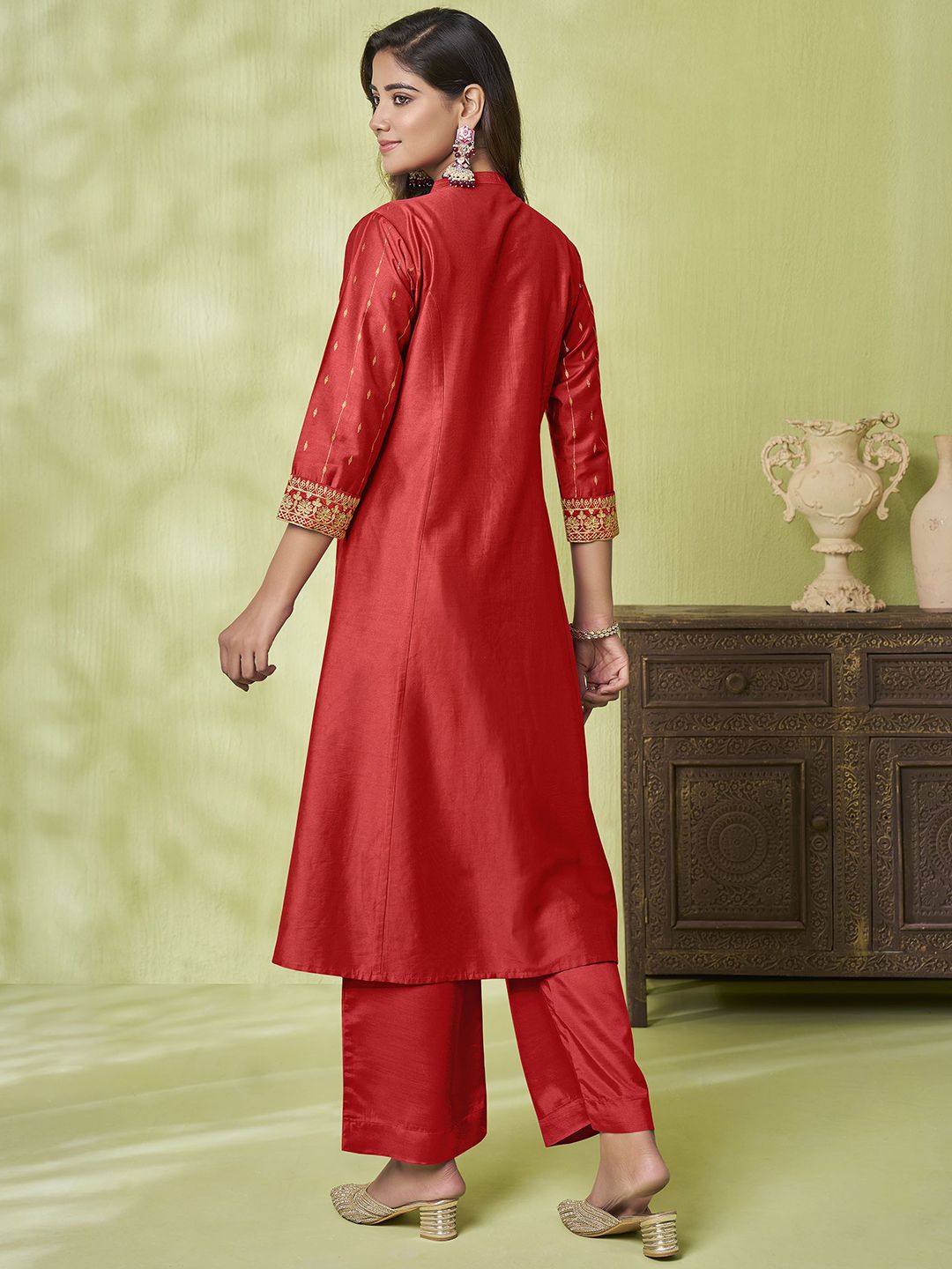 Label Khoj Women Cotton Slub Embroidery , Foil Print Work Red Color Kurta & Bottom Set
