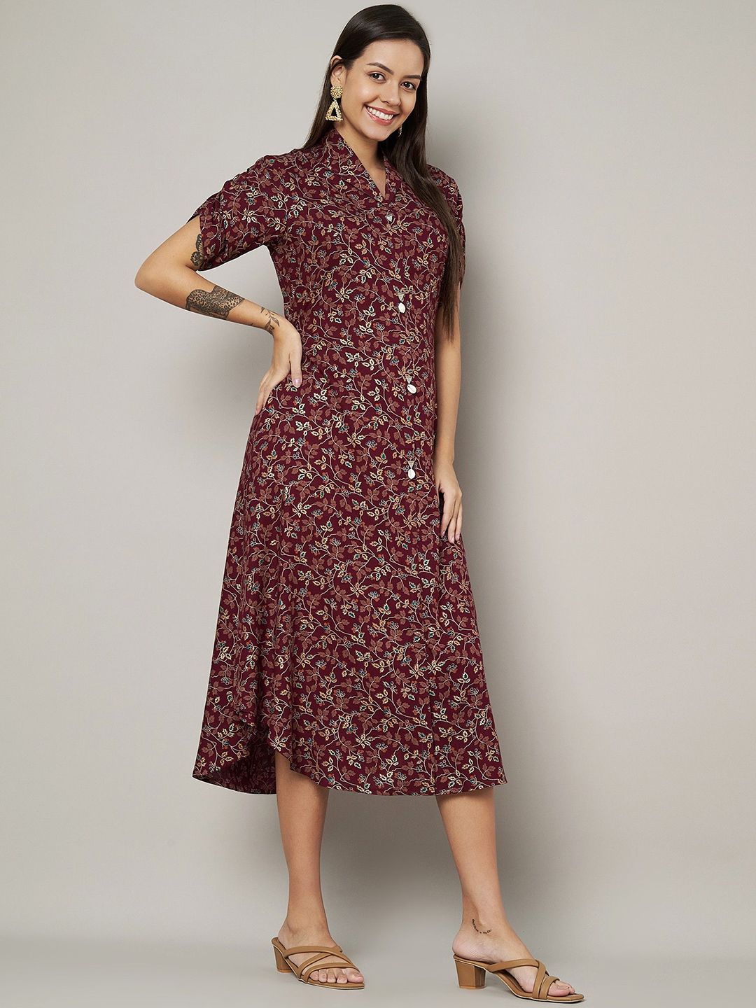 Label Khoj Women's Maroon Rayon Printed Midi Dress