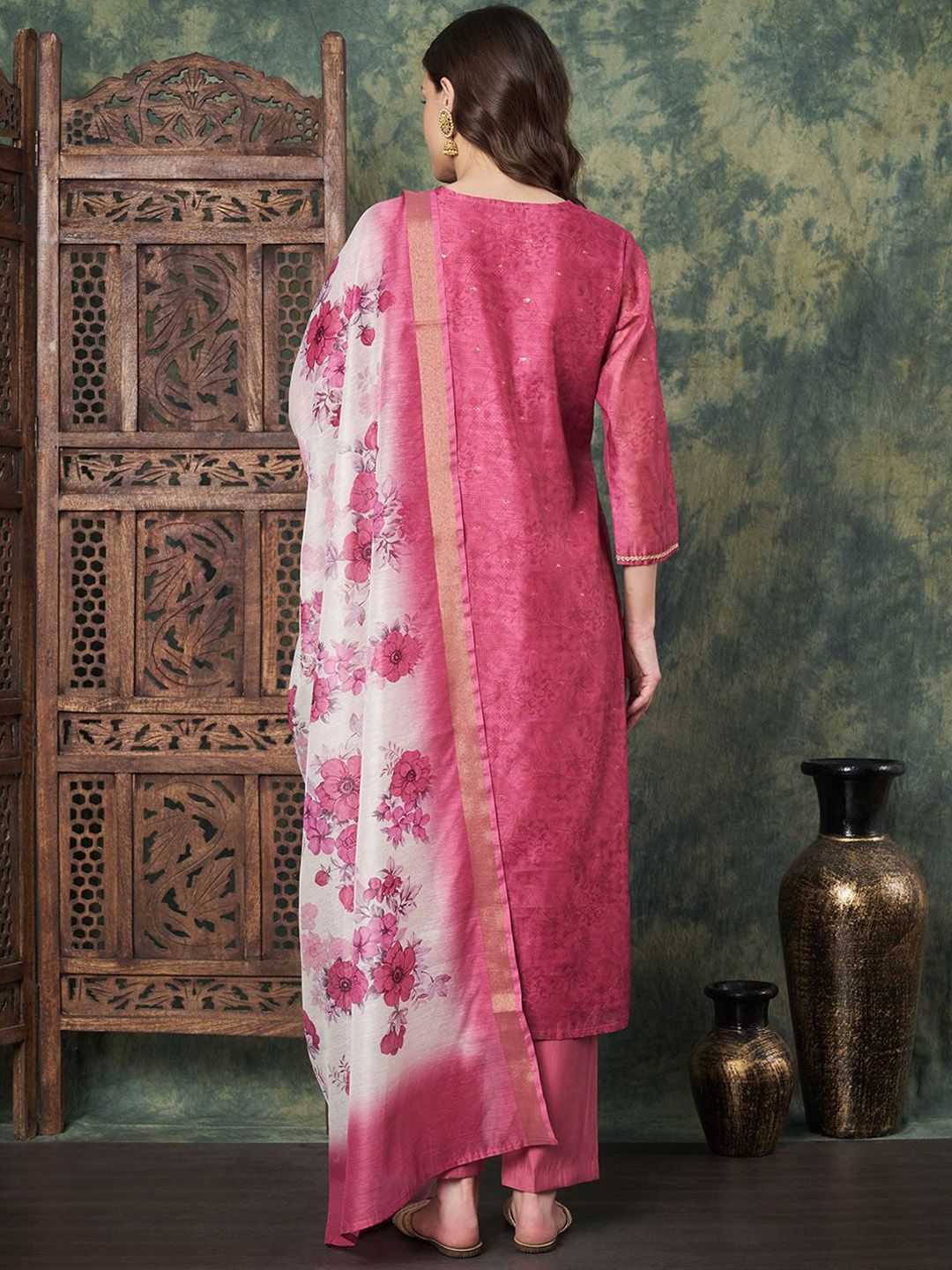 Label Khoj Women's Gajari Chanderi Embroidered Kurta with Pant and Gajari Dupatta