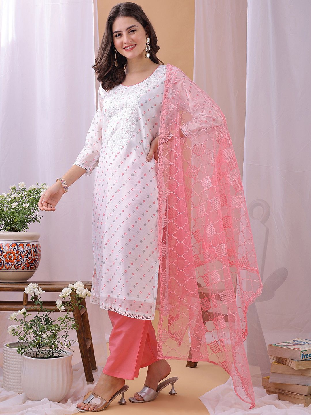 Label Khoj Women's White & Pink Chanderi Embroidered Kurta with Pant and Pink Dupatta